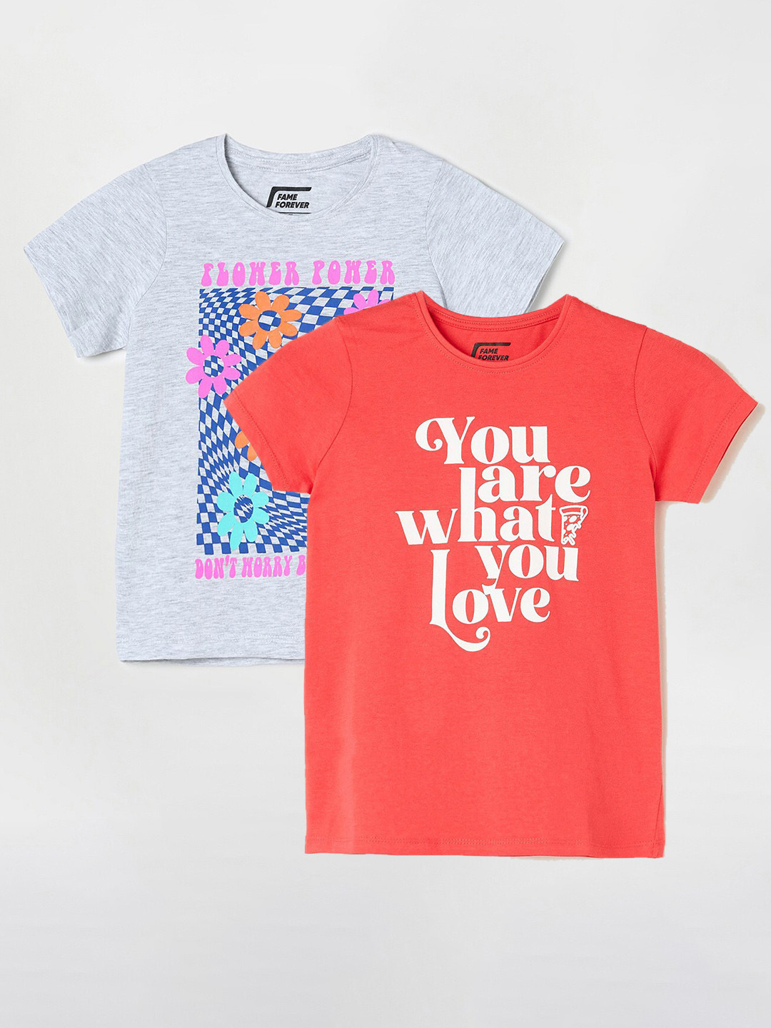 

Fame Forever by Lifestyle Girls Pack Of 2 Printed Cotton T-Shirts, Coral