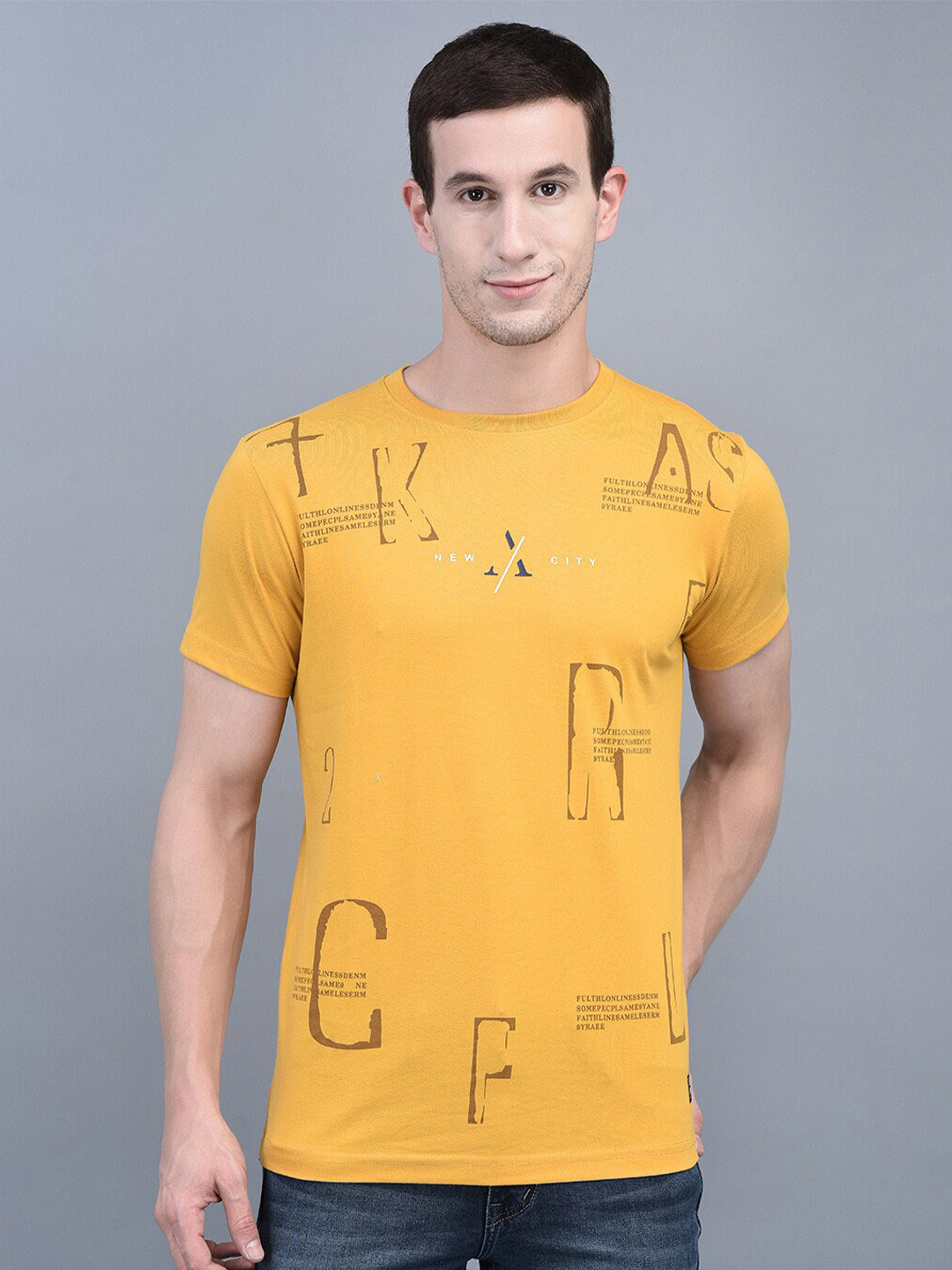 

COBB Typography Printed Knitted Regular-Fit Cotton T-shirt, Mustard