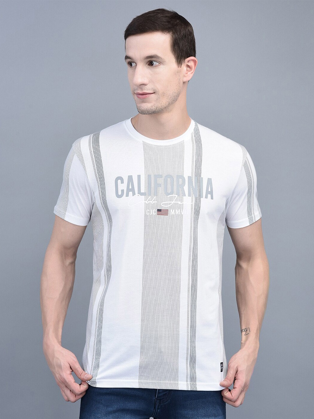 

COBB Striped Round Neck Cotton T-shirt, White
