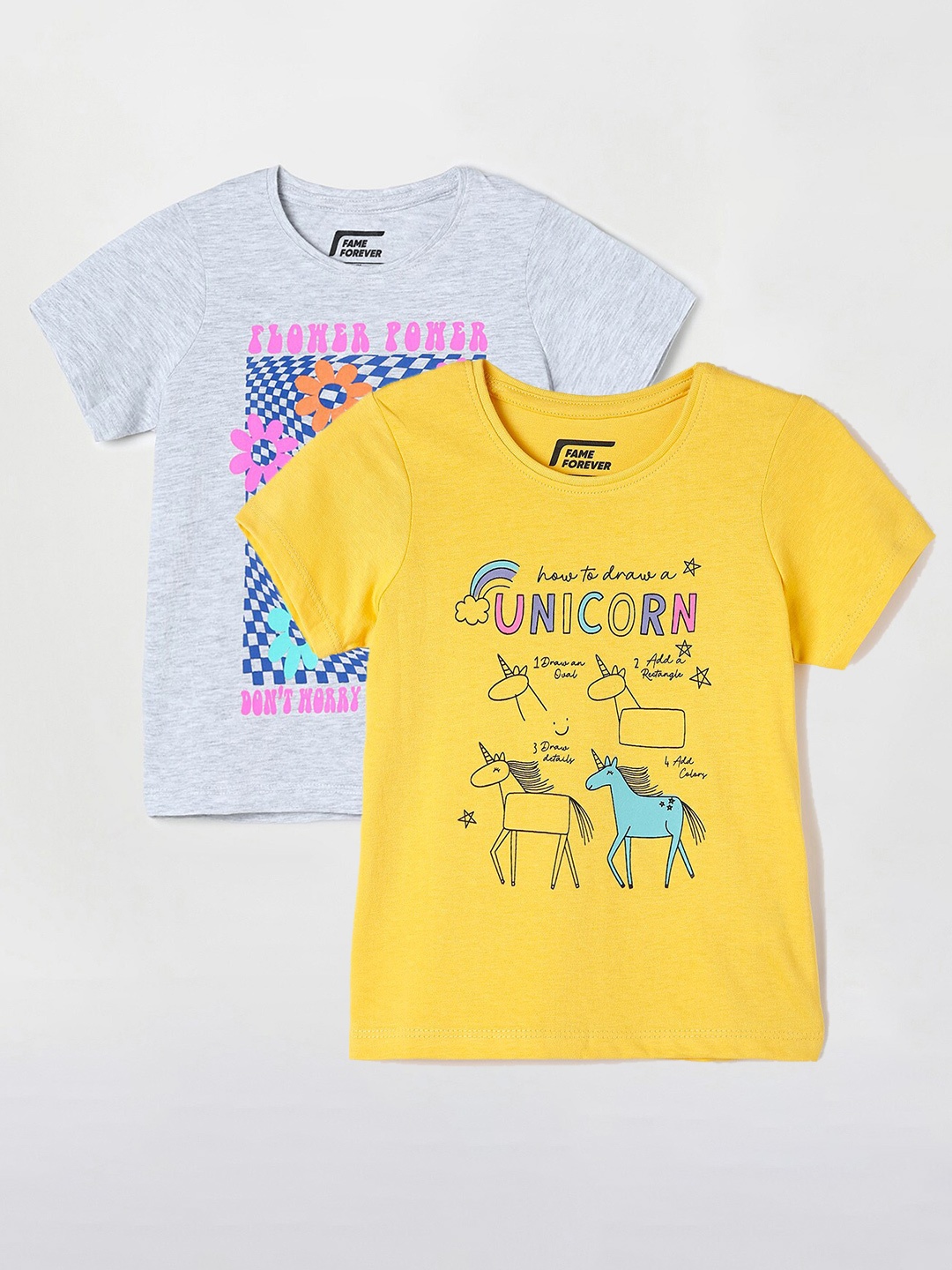 

Fame Forever by Lifestyle Girls Pack Of 2 Printed Cotton T-Shirts, Yellow