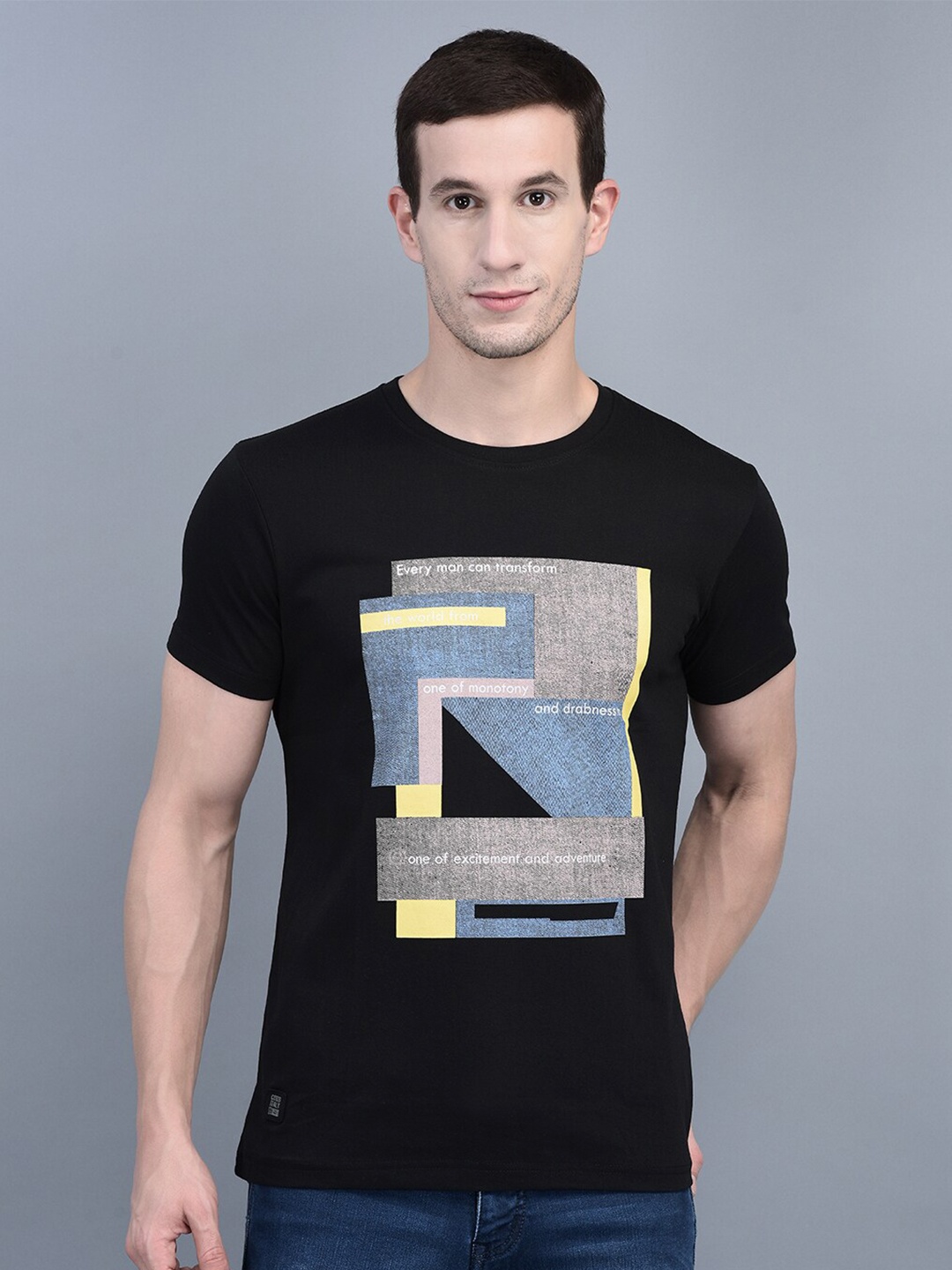 

COBB Men Geometric Printed Cotton T-shirt, Black