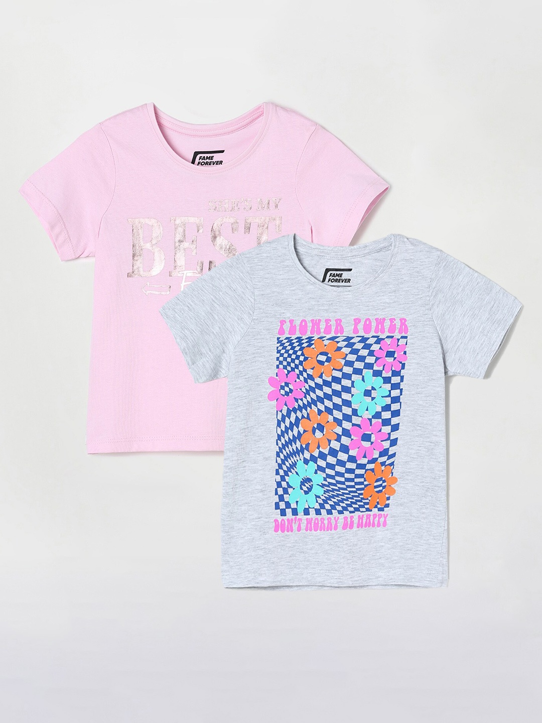 

Fame Forever by Lifestyle Girls Pack Of 2 Printed Cotton T-Shirts, Grey
