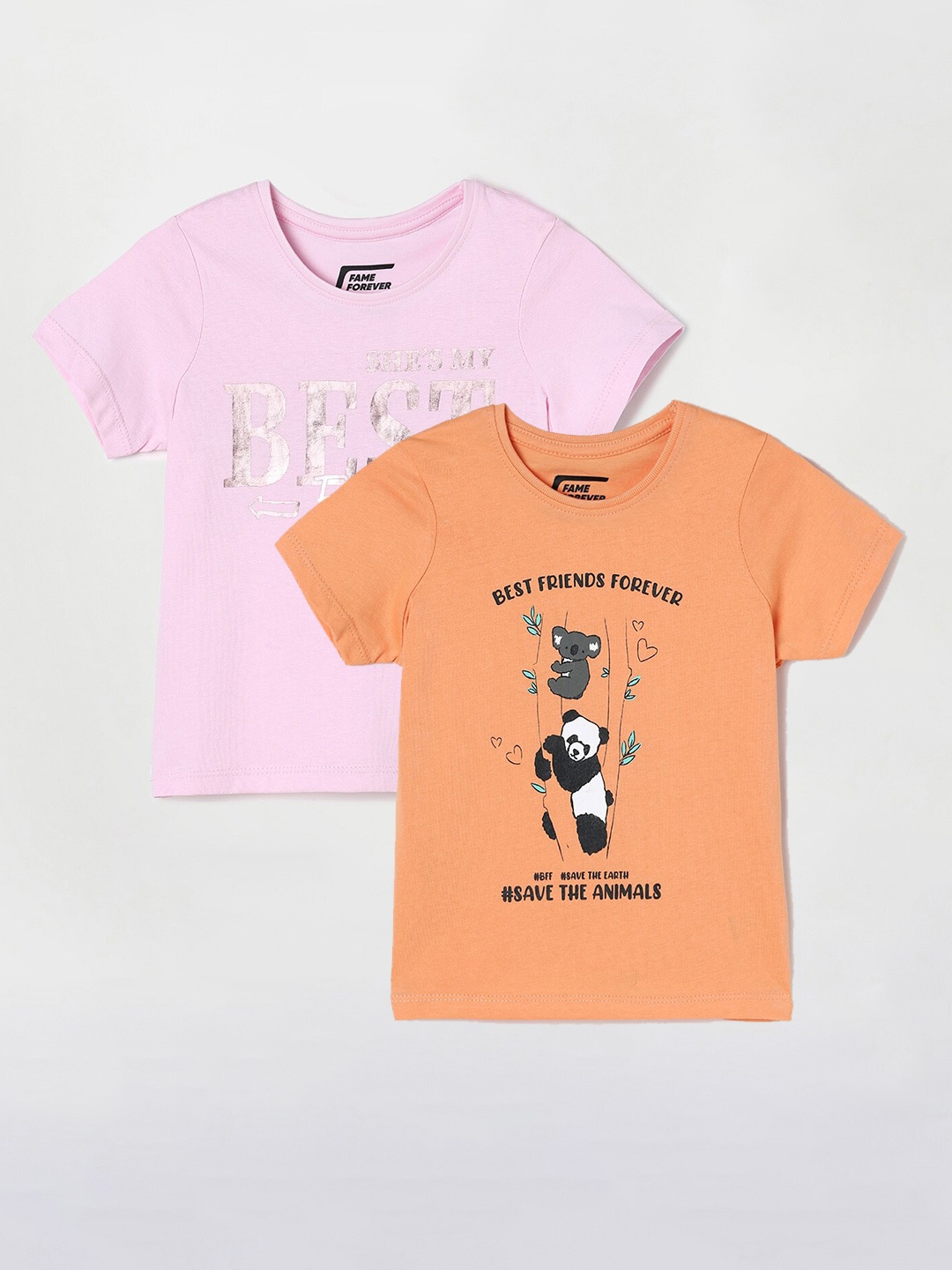 

Fame Forever by Lifestyle Girls Pack Of 2 Printed Cotton T-Shirts, Orange
