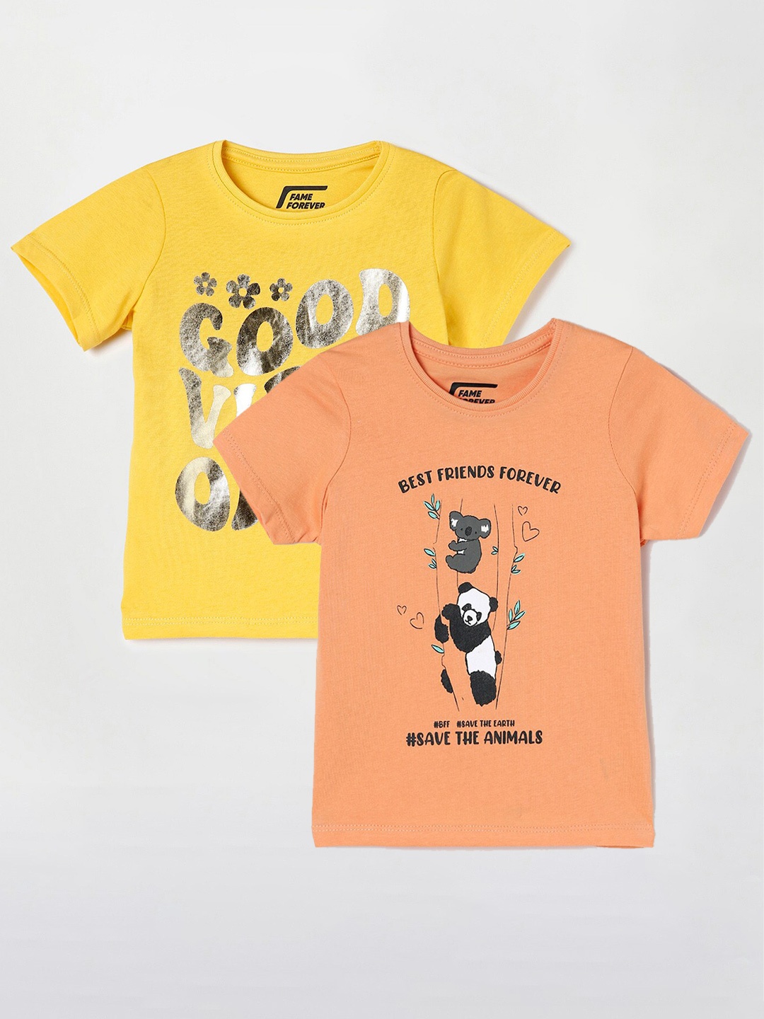 

Fame Forever by Lifestyle Girls Pack Of 2 Printed Cotton T-Shirts, Orange