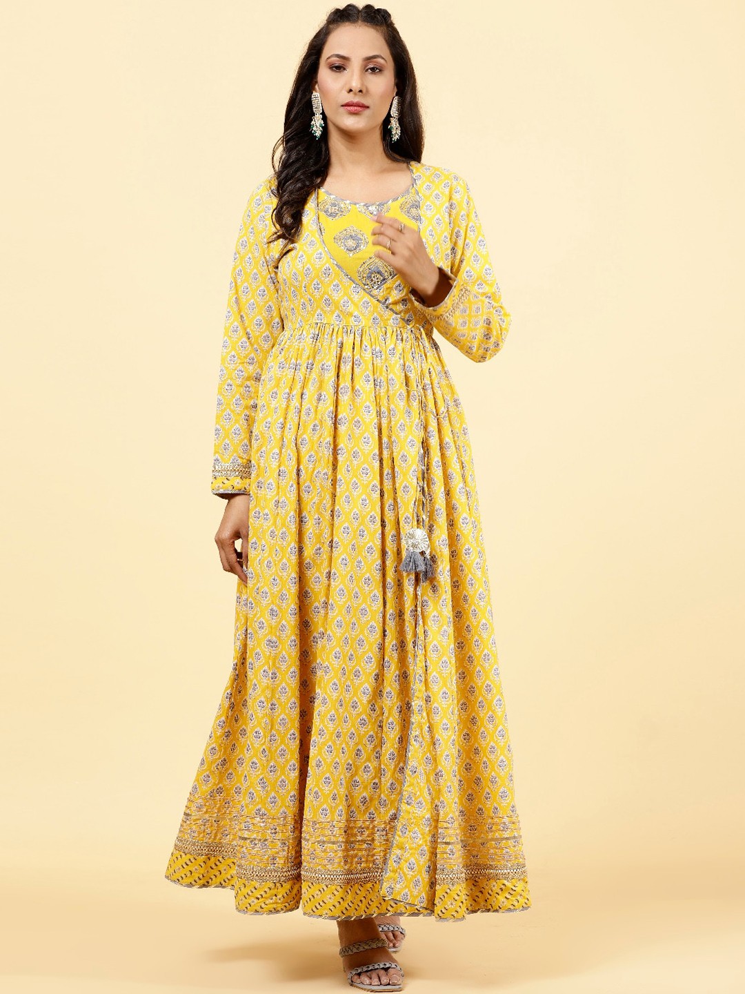 

Meena Bazaar Ethnic Motifs Printed Round Neck Sequinned Cotton Anarkali Angrakha Kurta, Mustard