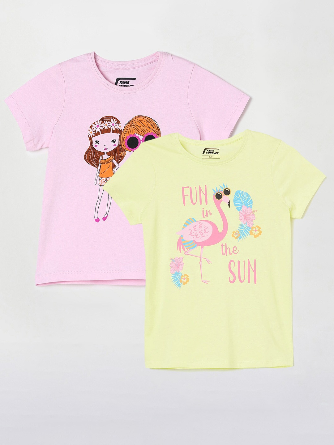 

Fame Forever by Lifestyle Girls Pack Of 2 Graphic Printed Cotton T-Shirts, Yellow