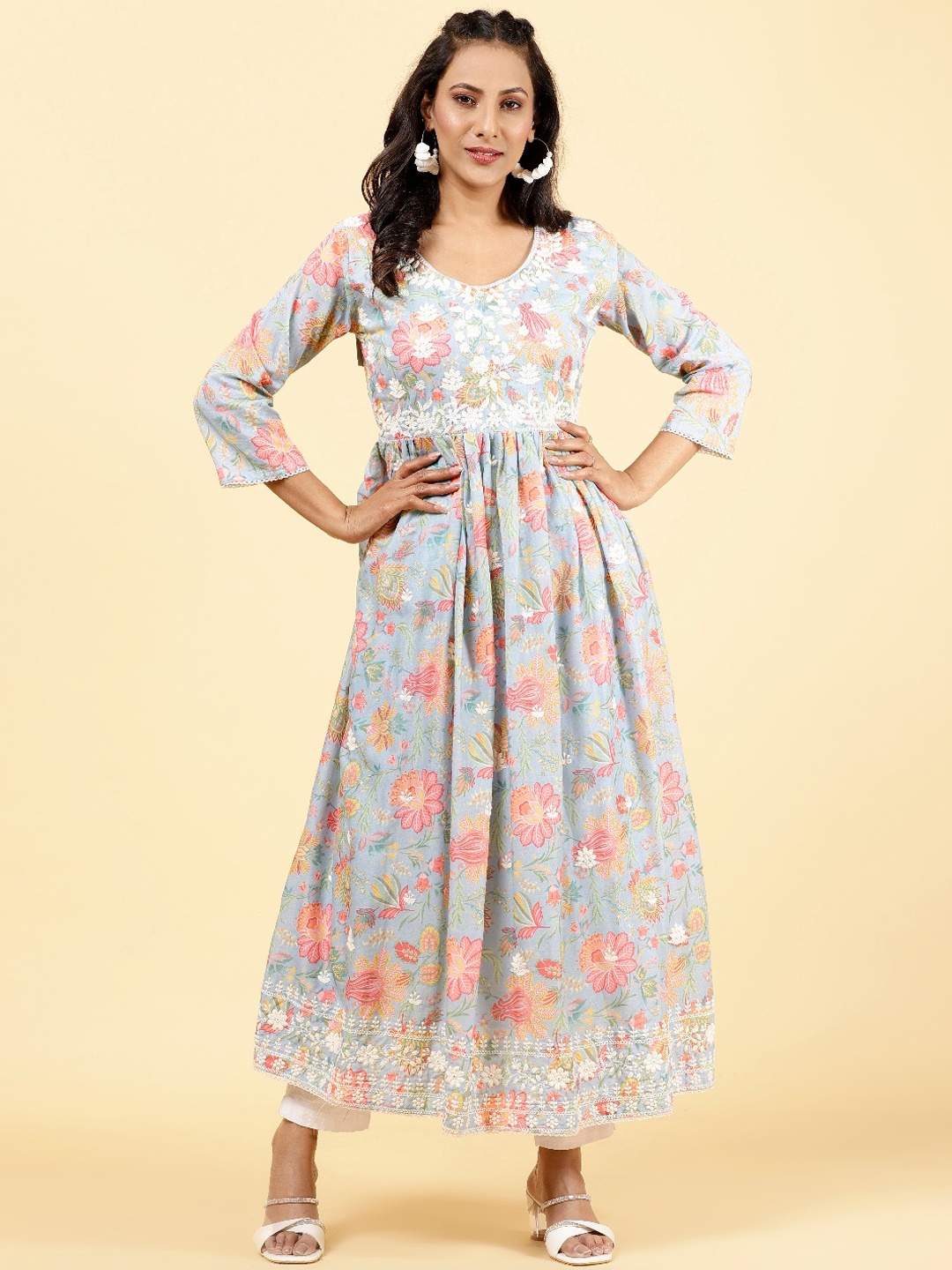 

Meena Bazaar Floral Printed Embroidered Chikankari Anarkali Kurta, Blue