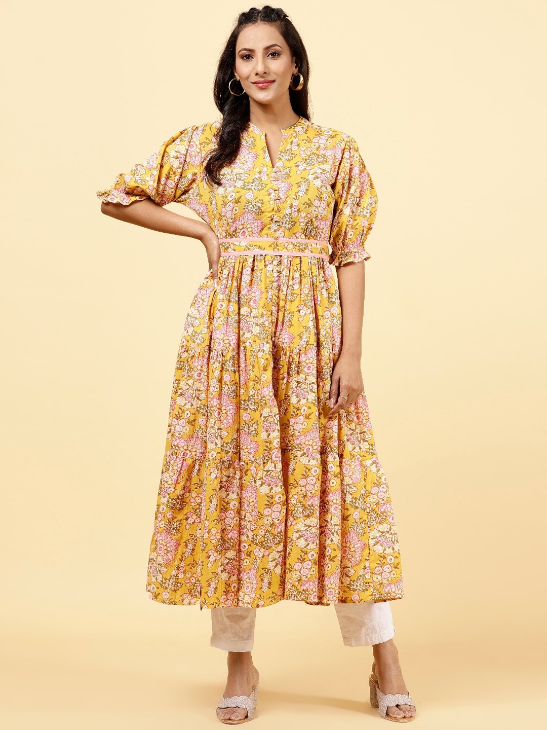 

Meena Bazaar Floral Printed Mandarin Collar Pure Cotton Anarkali Kurta, Mustard