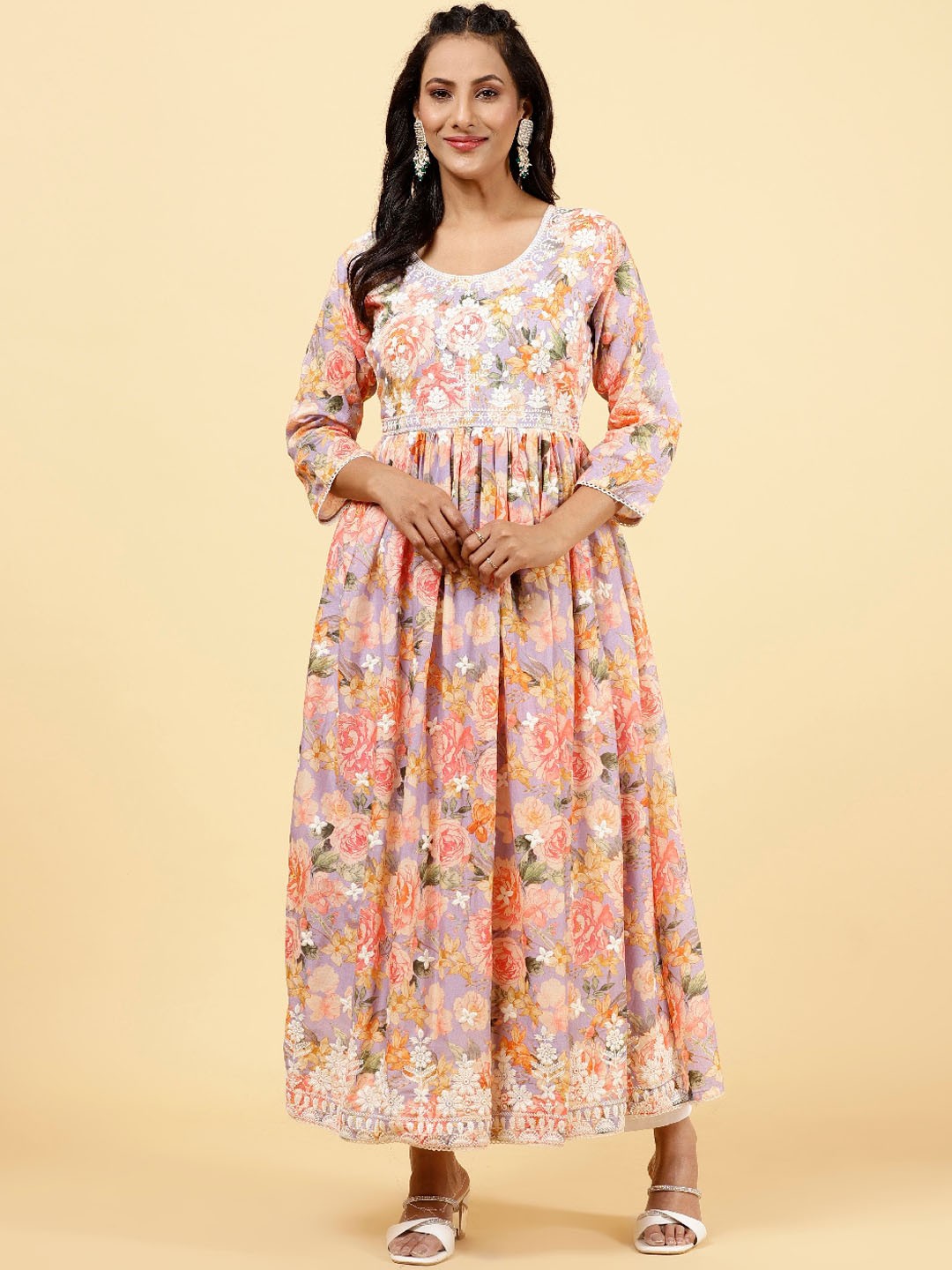 

Meena Bazaar Floral Printed Thread Work Pure Cotton Anarkali Kurta, Purple
