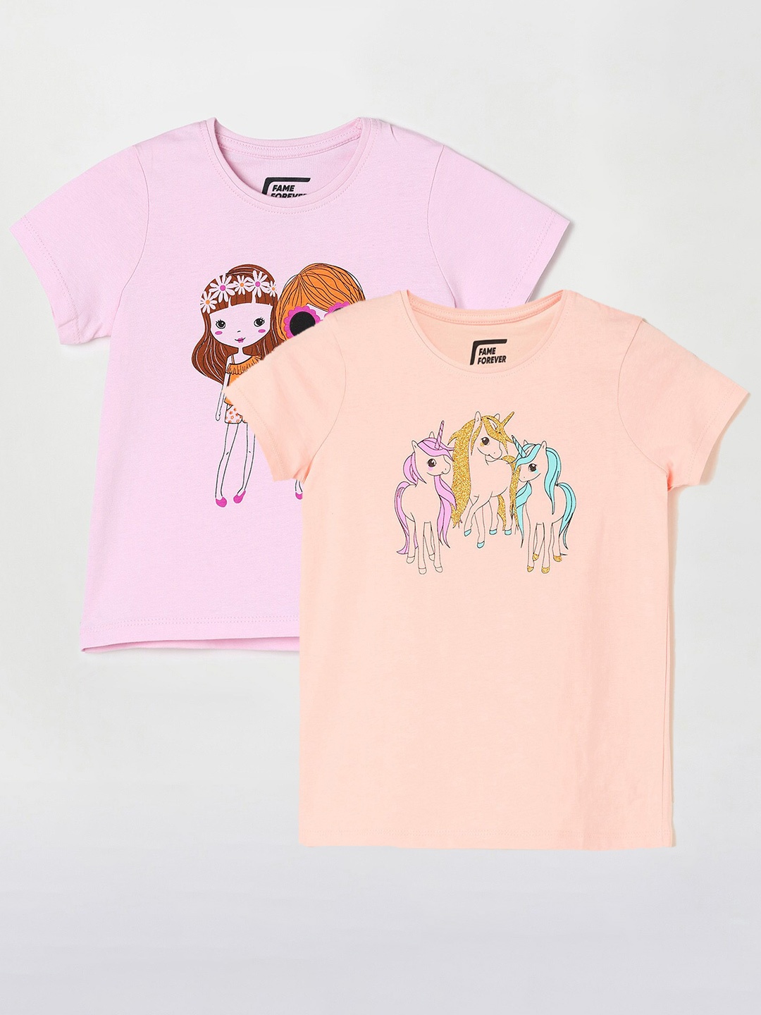 

Fame Forever by Lifestyle Girls Pack Of 2 Graphic Printed Cotton T-Shirts, Peach