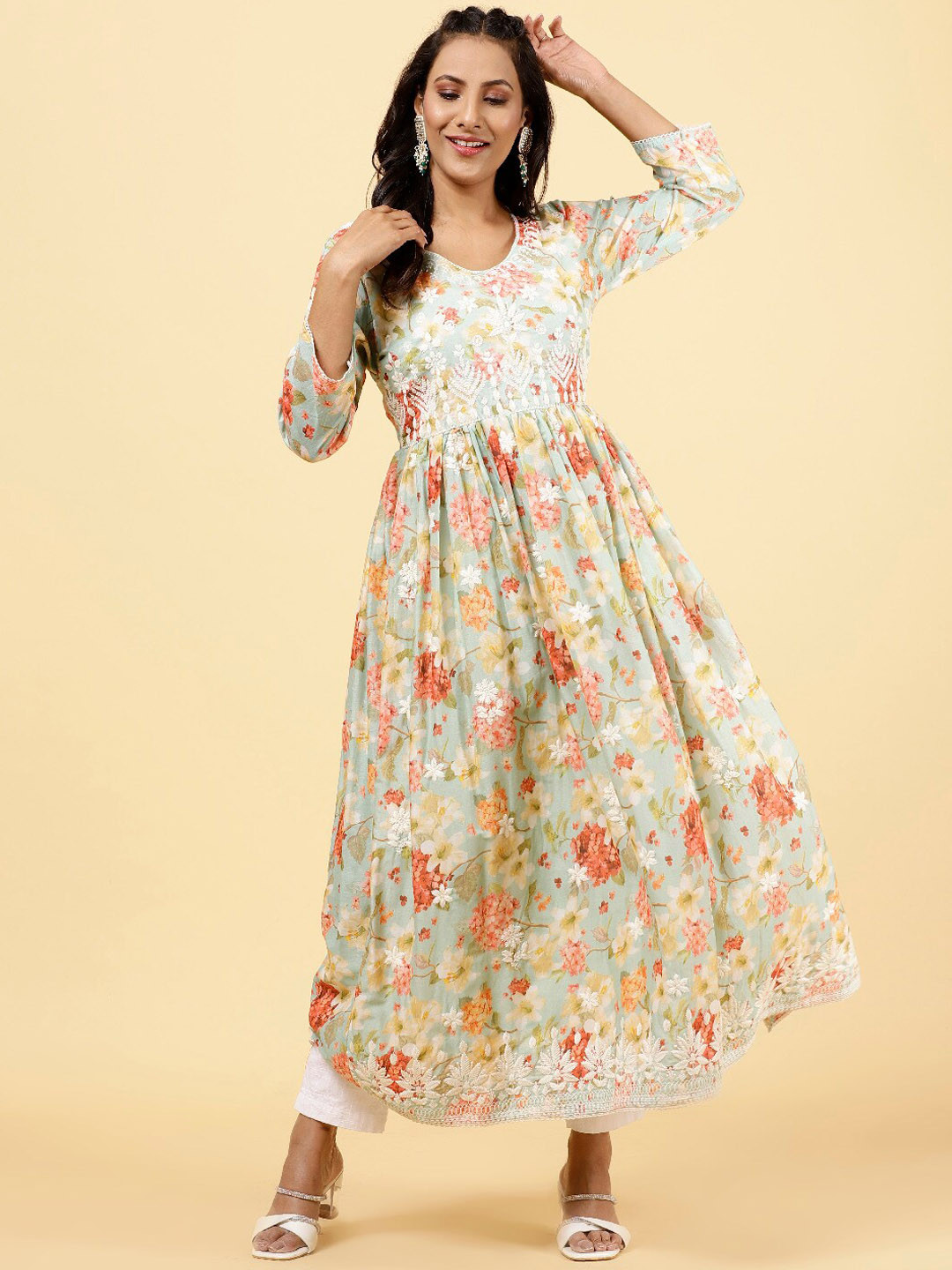 

Meena Bazaar Floral Printed Thread Work Pure Cotton Anarkali Kurta, Sea green