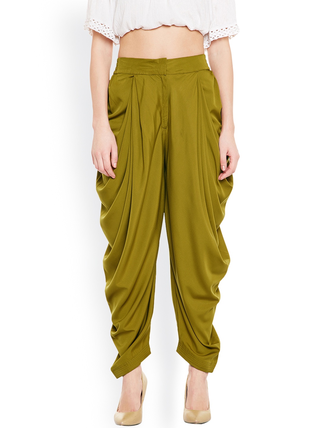 

Bitterlime Olive Green Solid Dhoti Pants