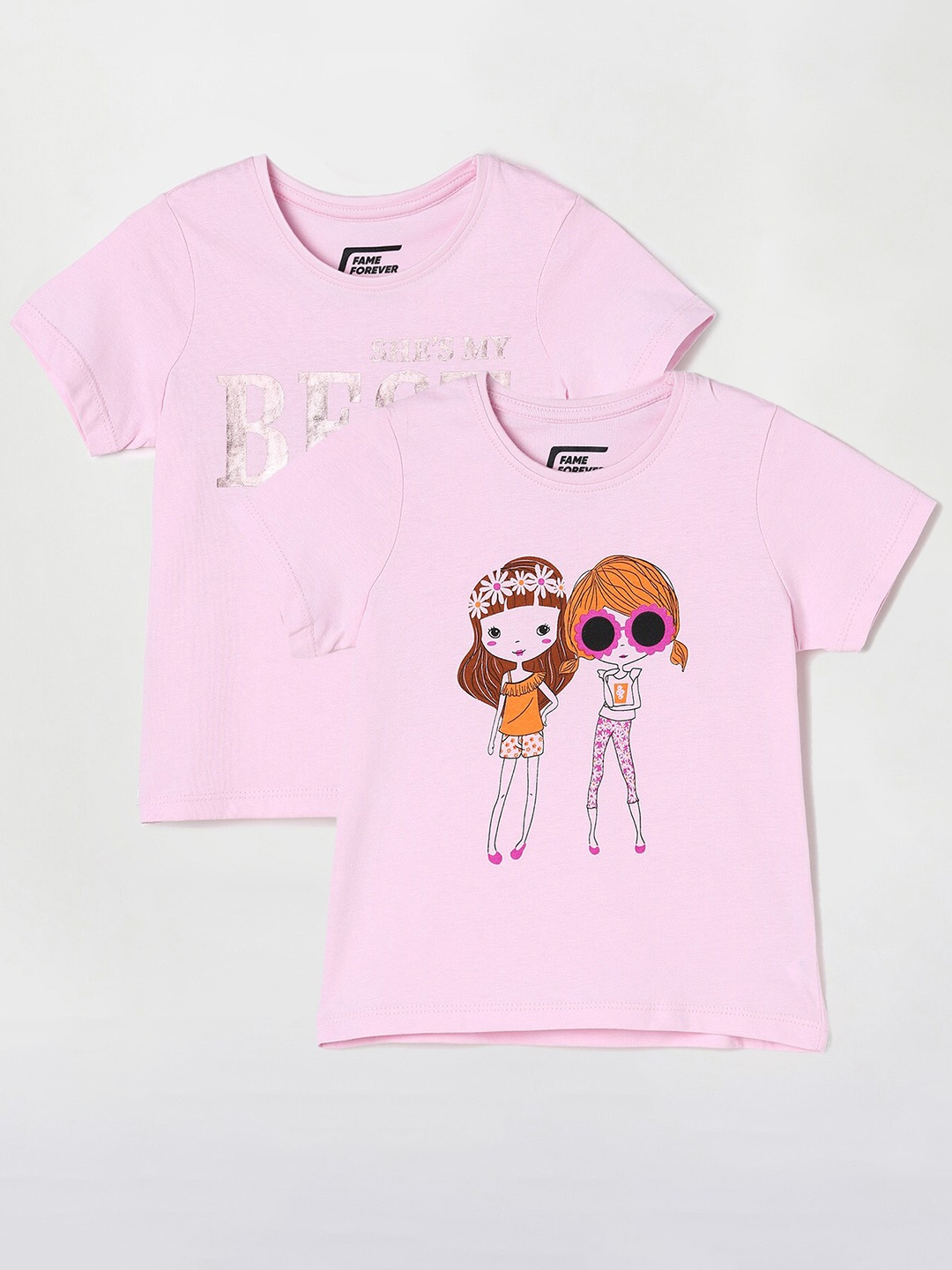 

Fame Forever by Lifestyle Girls Pack Of 2 Printed Cotton T-Shirts, Pink
