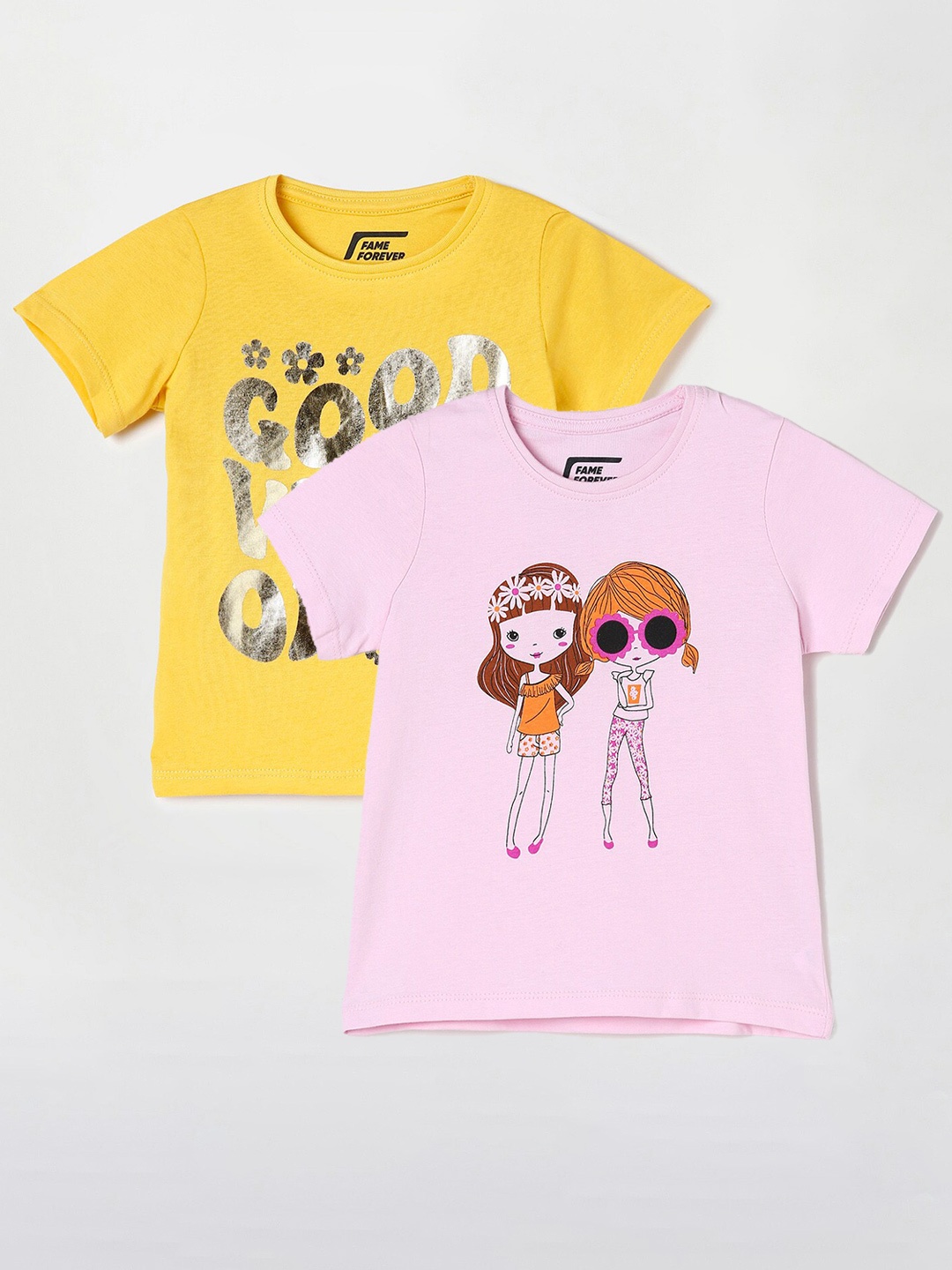 

Fame Forever by Lifestyle Girls Pack Of 2 Printed Cotton T-Shirts, Pink