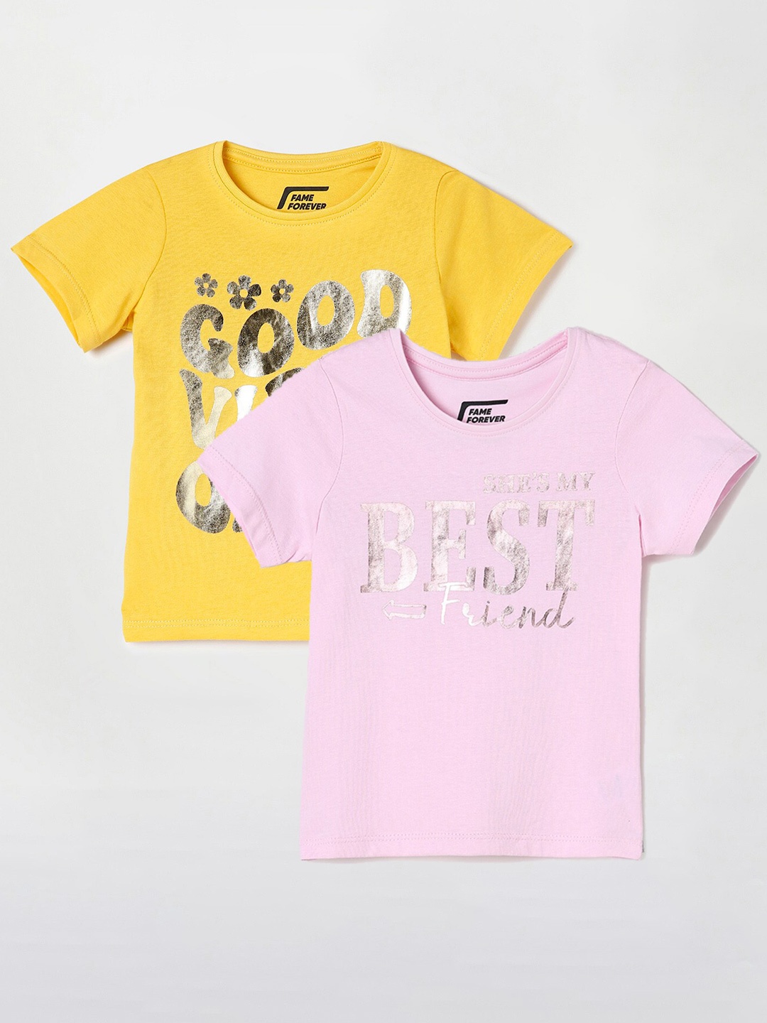 

Fame Forever by Lifestyle Girls Pack Of 2 Typography Printed Cotton T-Shirts, Pink