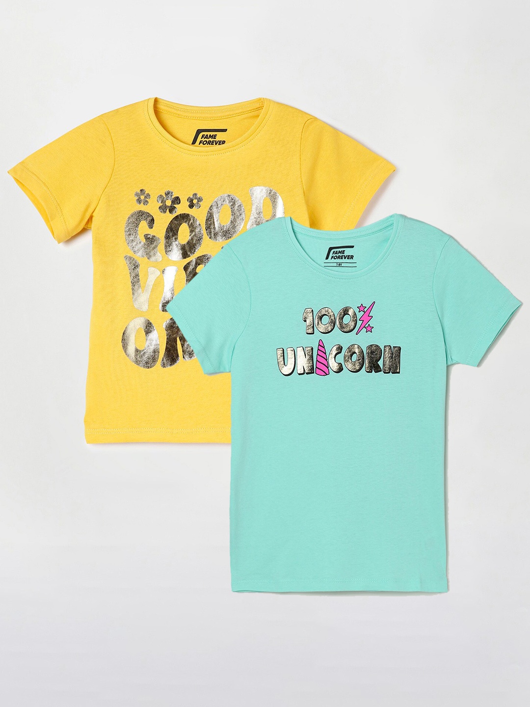 

Fame Forever by Lifestyle Girls Pack Of 2 Typography Printed Cotton T-Shirts, Green
