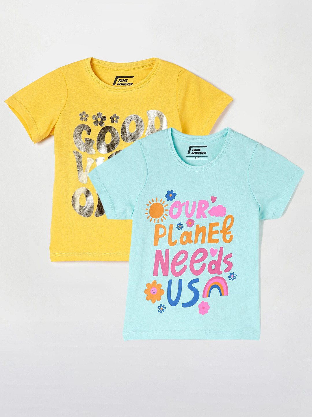 

Fame Forever by Lifestyle Girls Pack Of 2 Typography Printed Cotton T-Shirts, Sea green