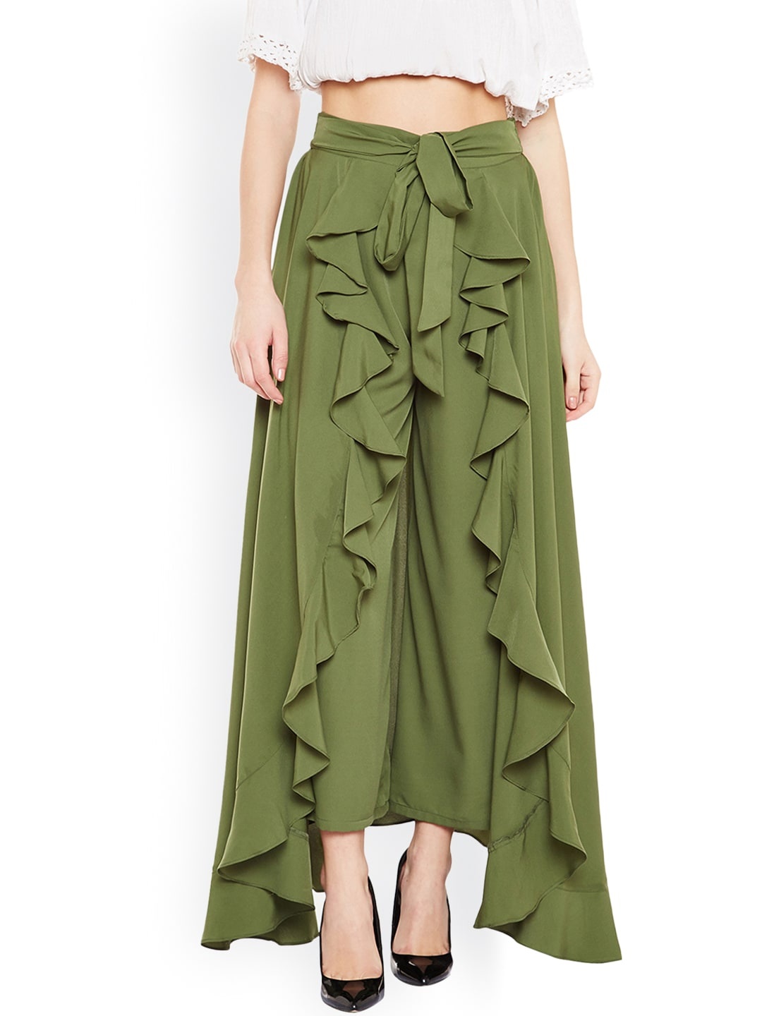 

Bitterlime Women Olive Green Flared Solid Palazzos