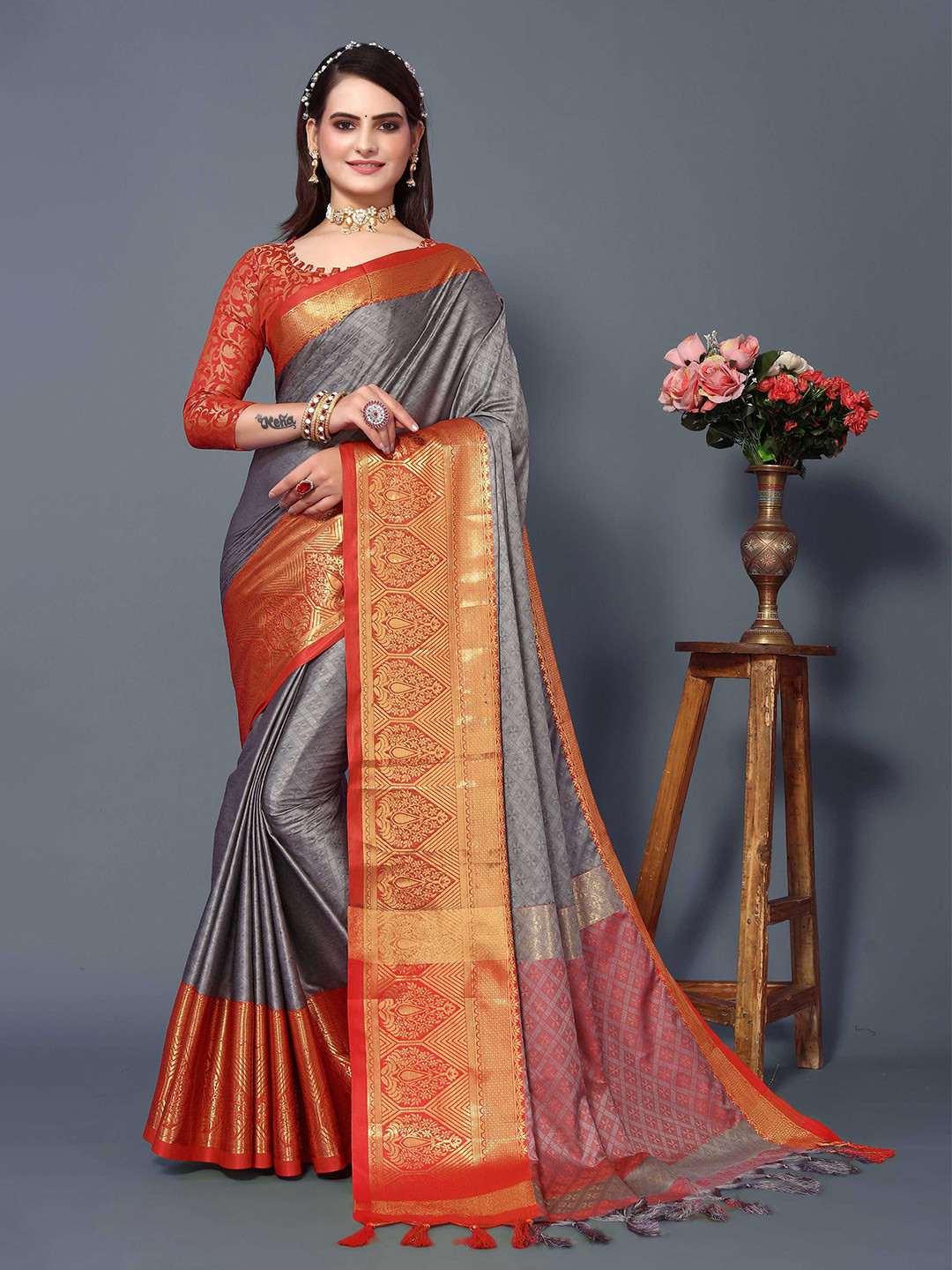 

Mitera Woven Design Zari Silk Cotton Banarasi Saree, Grey
