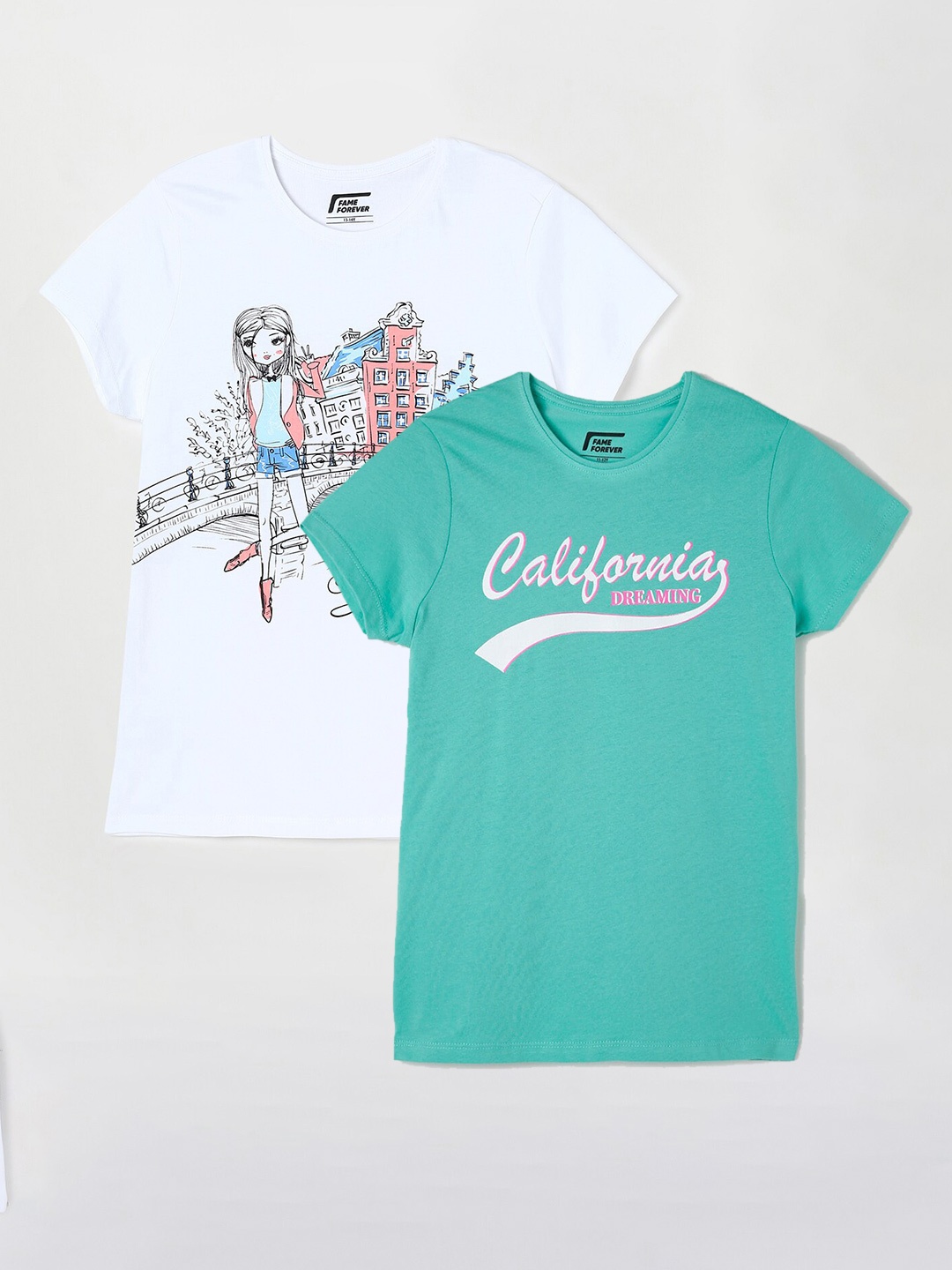 

Fame Forever by Lifestyle Girls Pack Of 2 Printed Cotton T-Shirts, Green