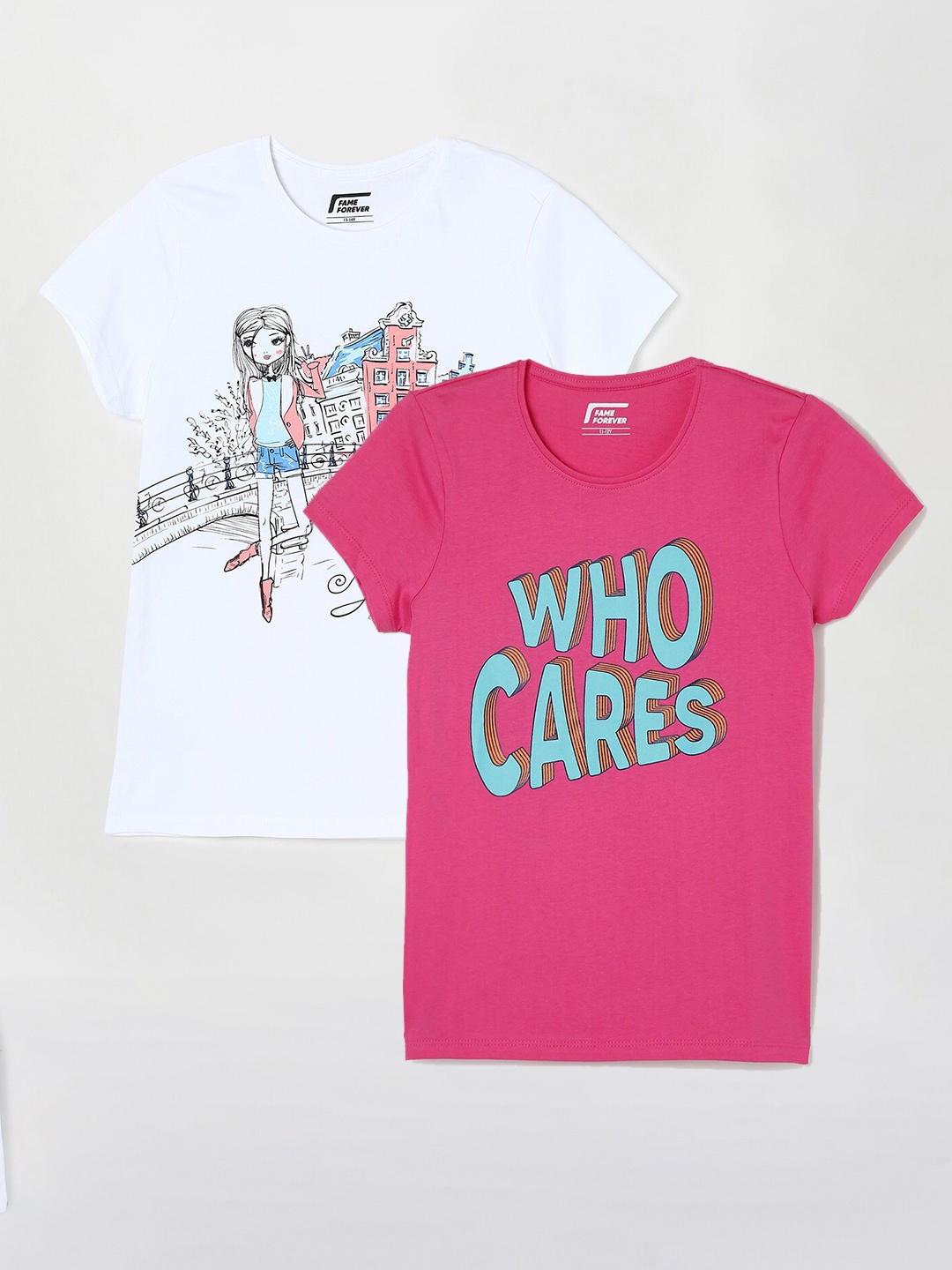 

Fame Forever by Lifestyle Girls Pack Of 2 Printed Cotton T-Shirts, Pink