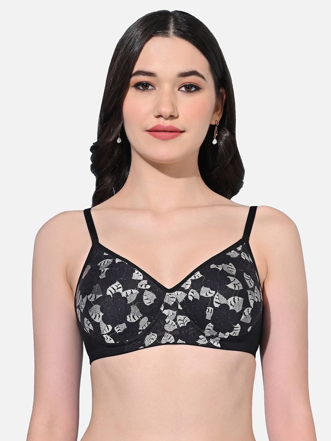 

FIMS Floral Full Coverage Lightly Padded Everyday Bra All Day Comfort, Black