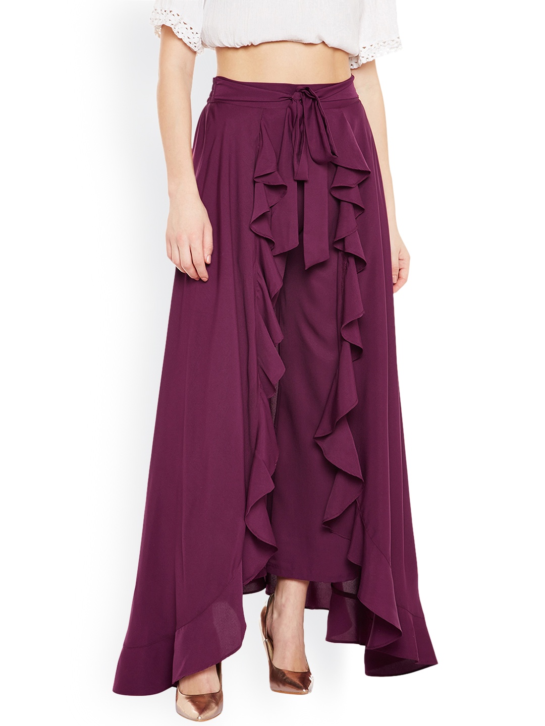 

Bitterlime Women Burgundy Solid Flared Palazzos