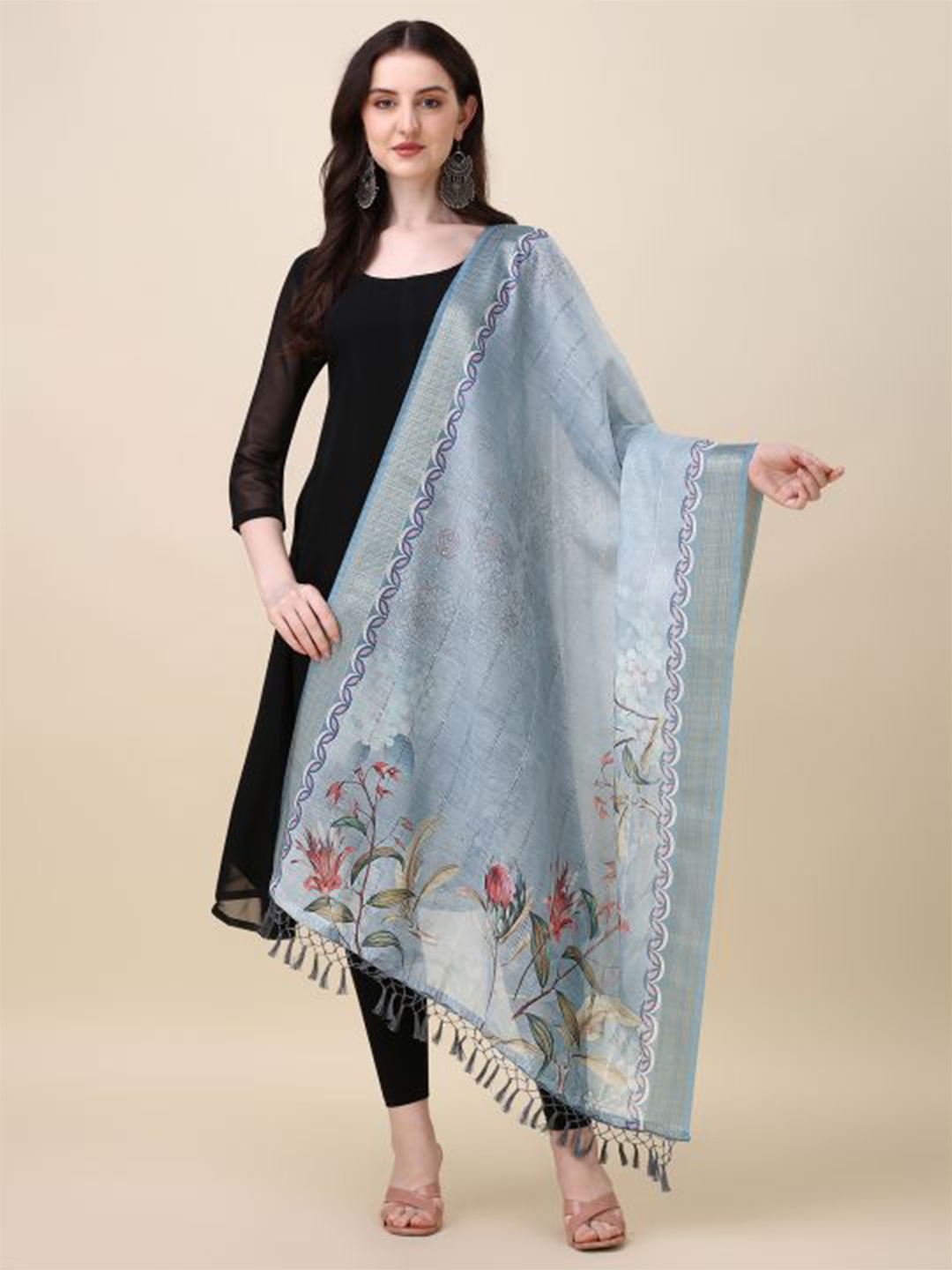 

Sangria Floral Printed Chanderi Dupatta, Grey
