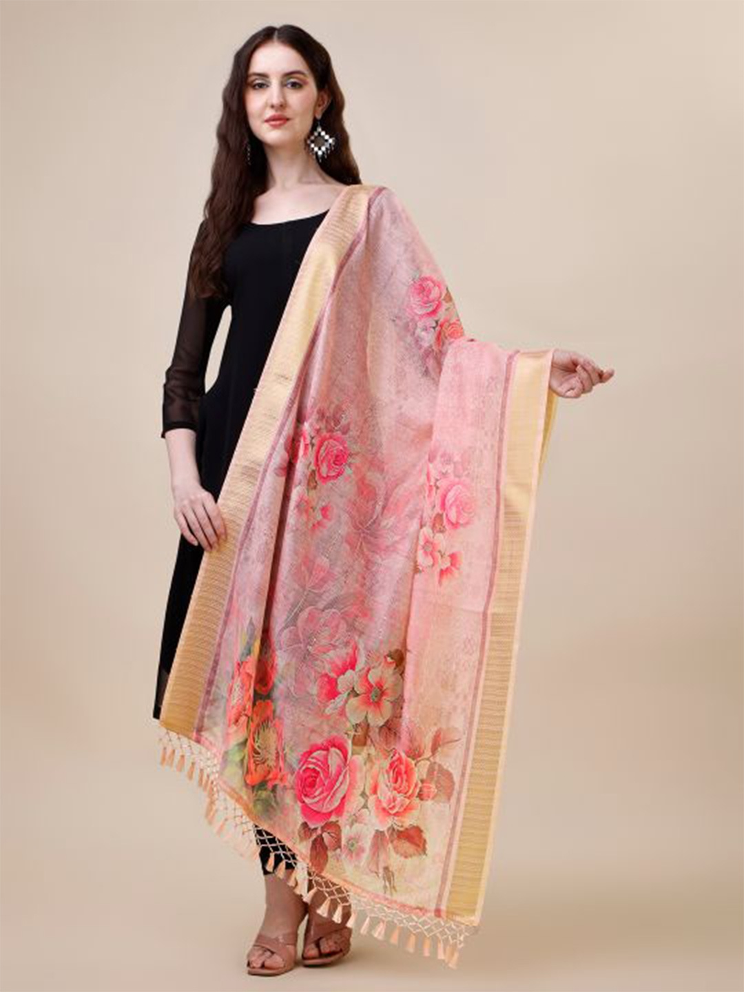 

Sangria Floral Printed Chanderi Dupatta, Pink