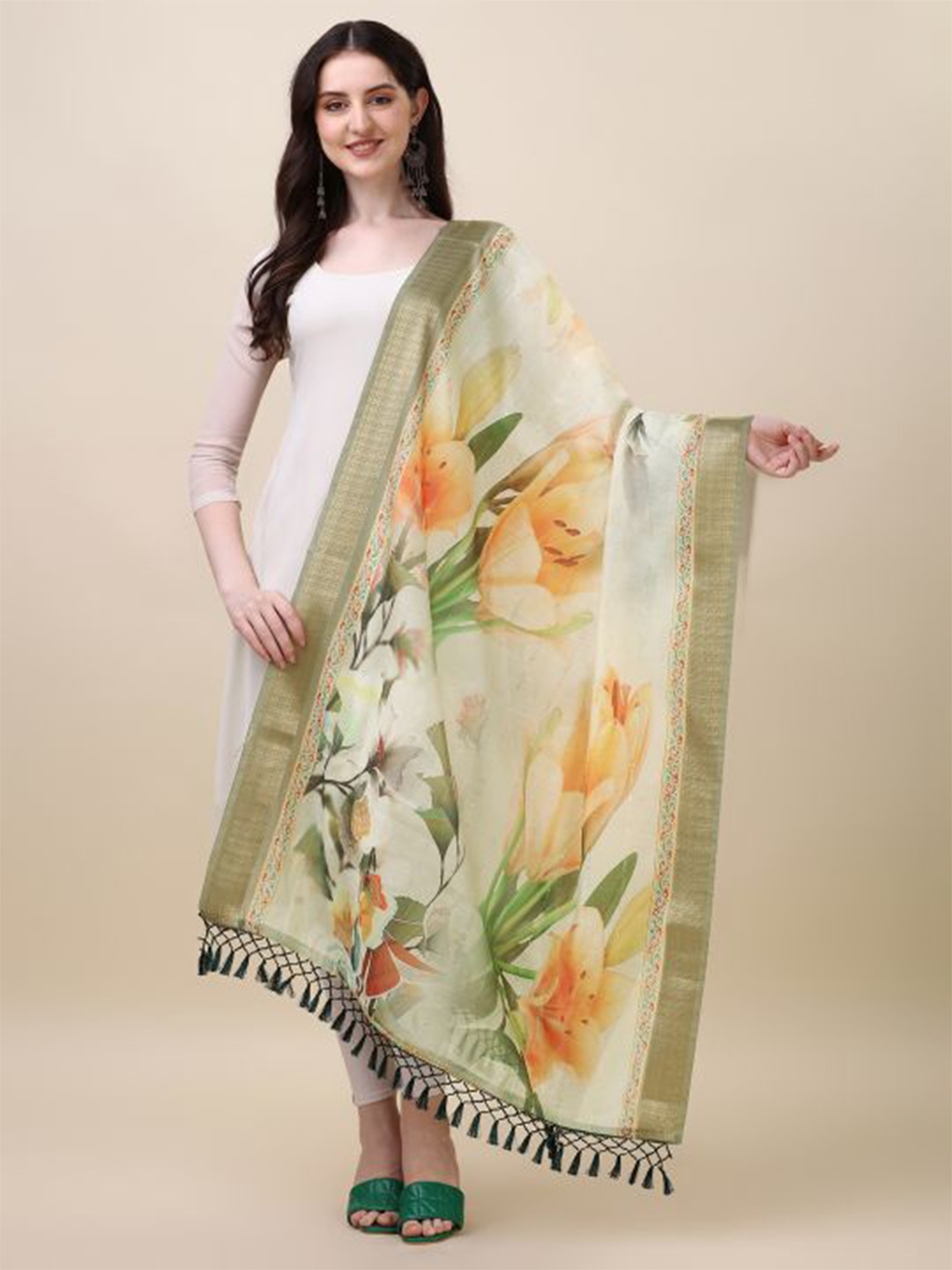 

Sangria Floral Printed Chanderi Dupatta, Olive