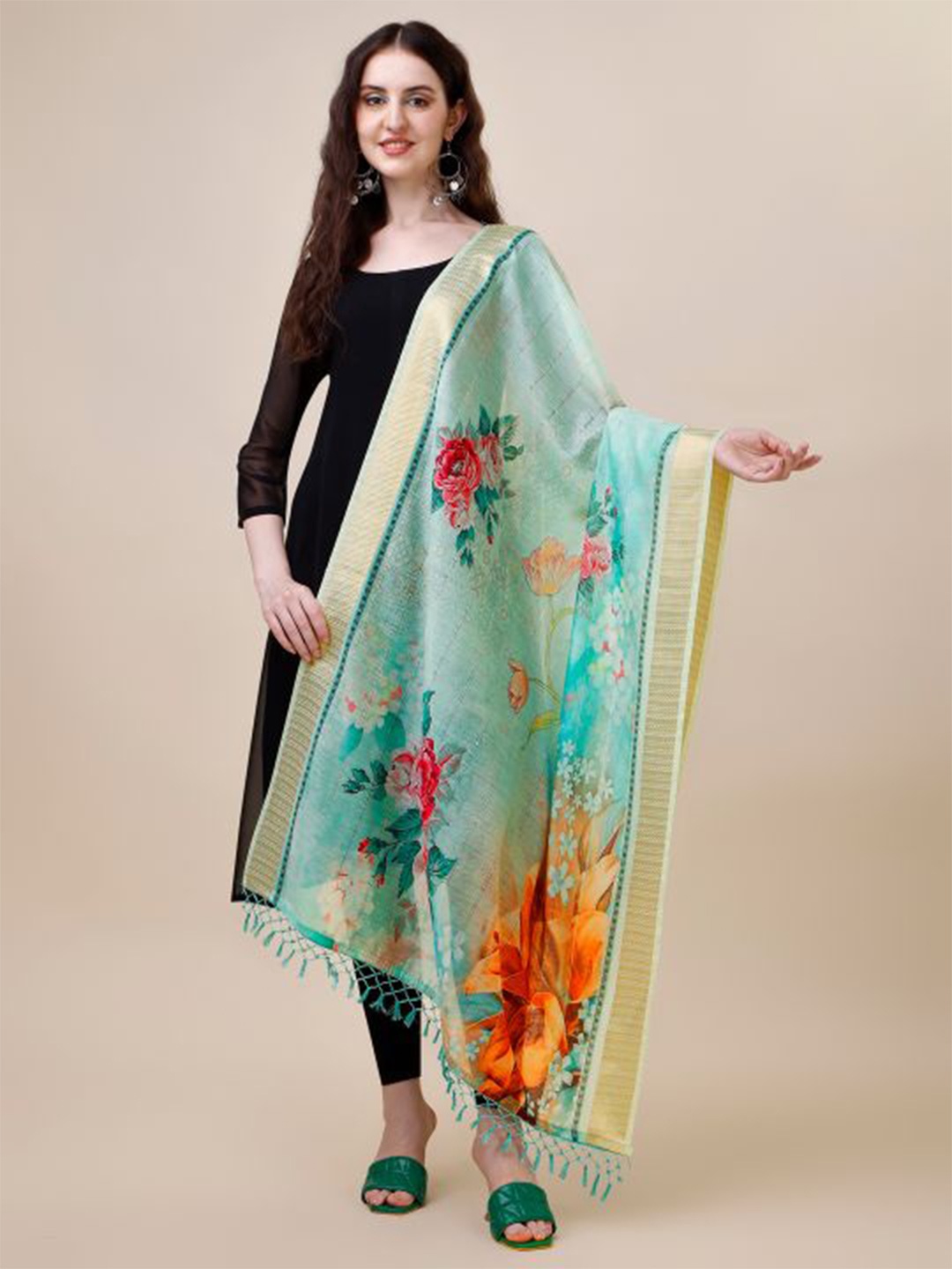 

Sangria Floral-Printed Chanderi Dupatta, Green