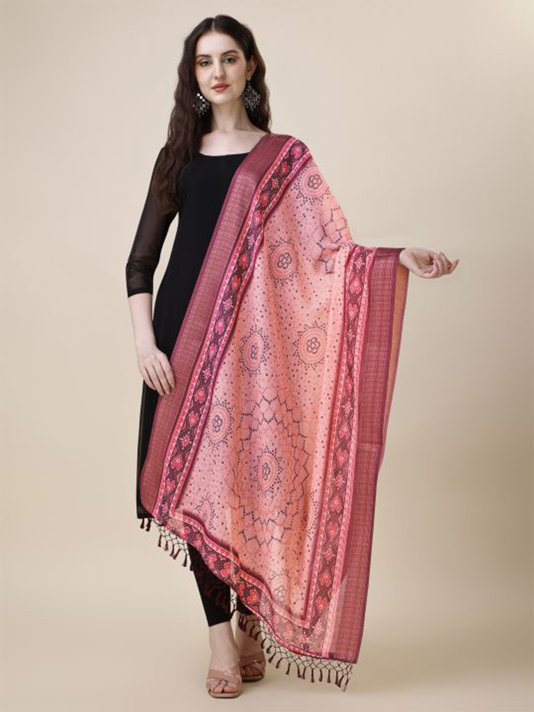 

Sangria Ethnic Motifs Printed Chanderi Dupatta, Peach