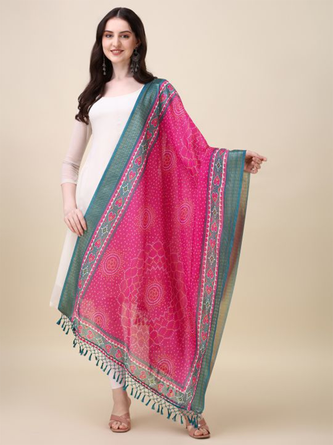 

Sangria Bandhani Printed Chanderi Dupatta, Pink