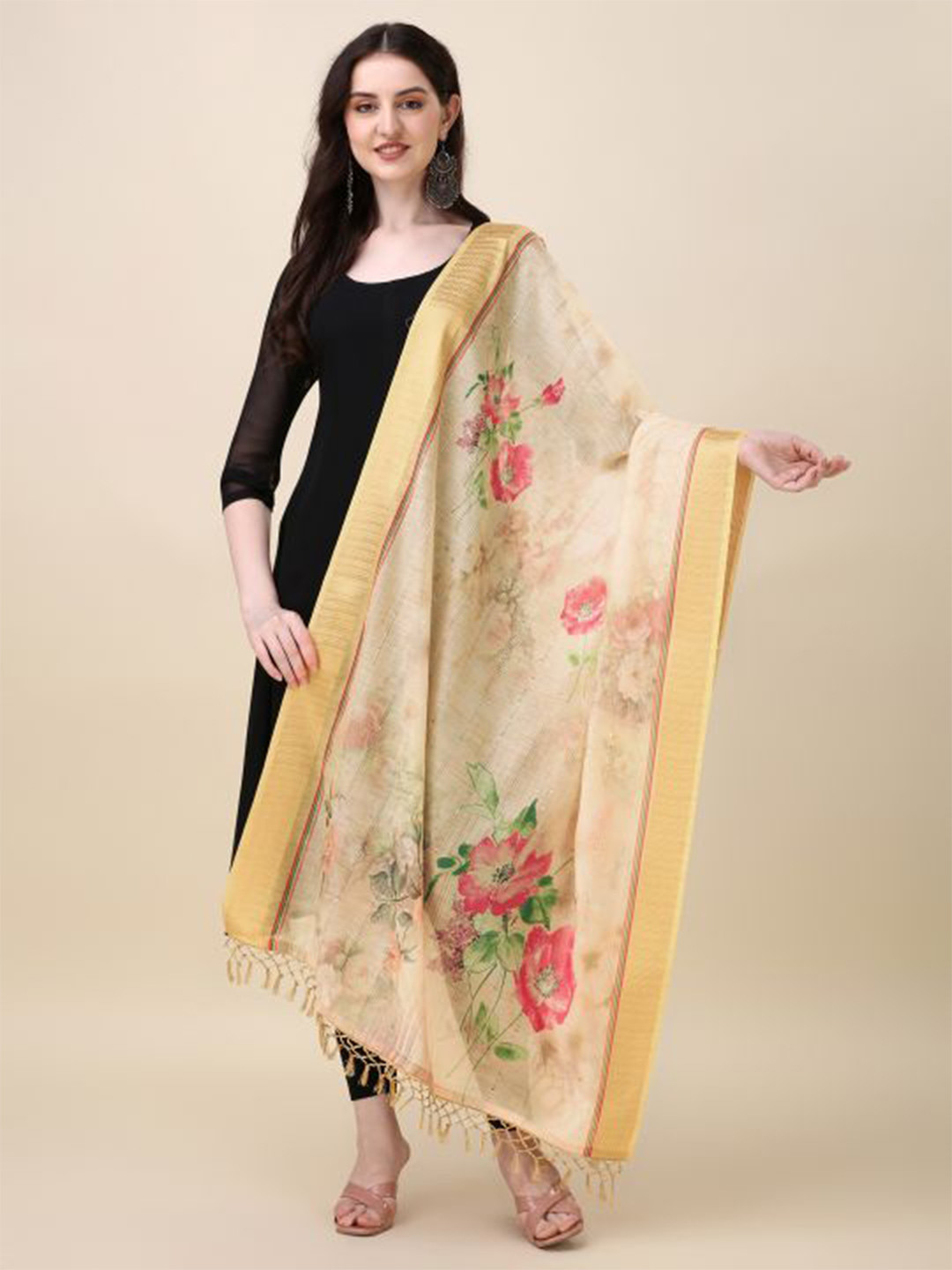 

Sangria Floral Printed Chanderi Dupatta, Beige