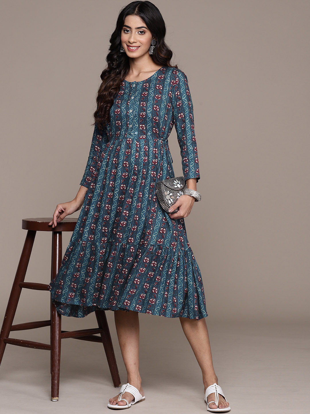 

Anubhutee Floral Print Tiered Fit & Flare Ethnic Dress, Navy blue