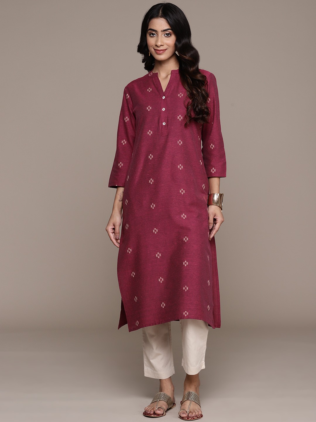 

Anubhutee Ethnic Motifs Embroidered Mandarin Collar Kurta, Pink