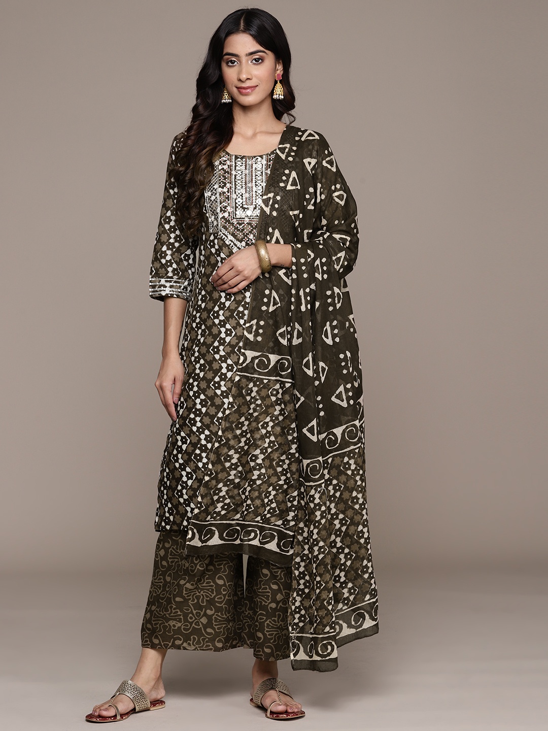 

Anubhutee Women Ethnic Motifs Printed Regular Mirror Work Kurta with Trousers & Dupatta, Brown