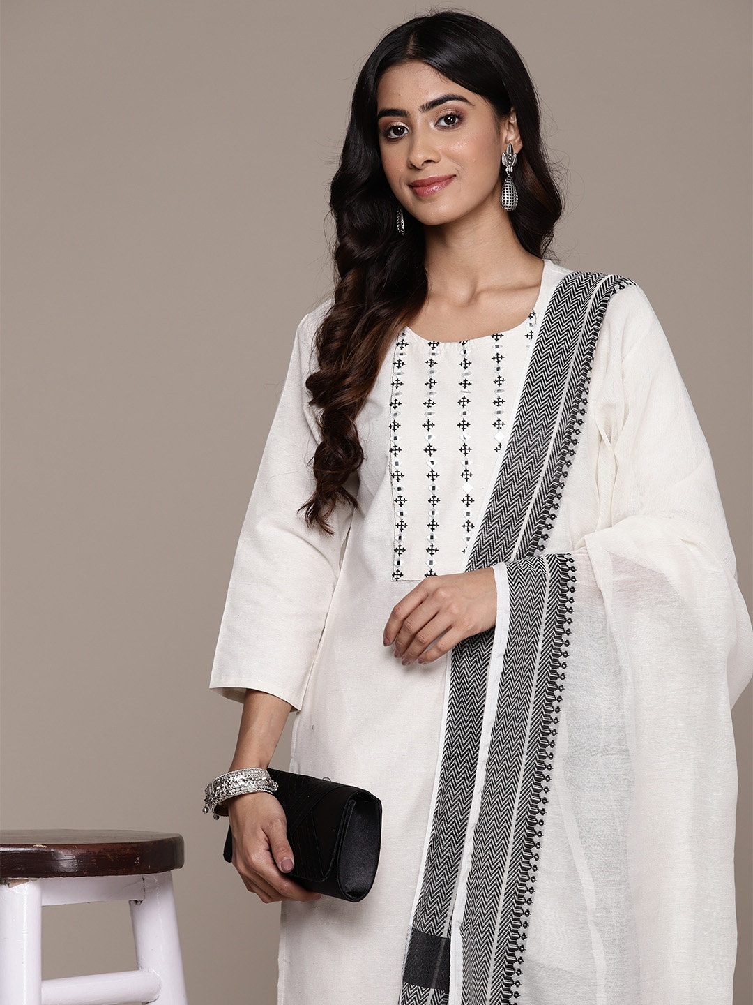 

Anubhutee Women Yoke Design Regular Mirror Work Kurta with Trousers & Dupatta, White