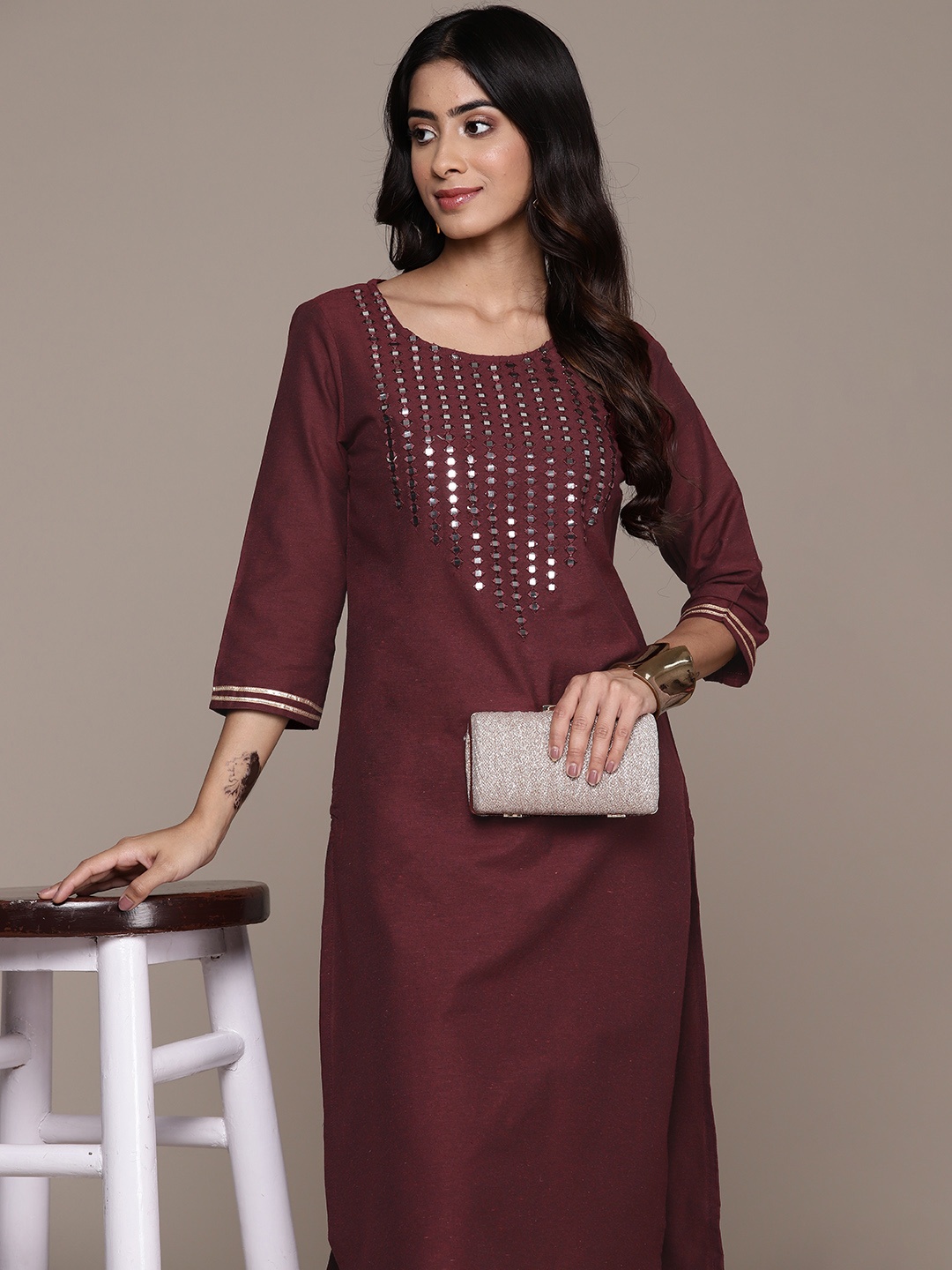 

Anubhutee Yoke Design Mirror Work Kurta, Maroon