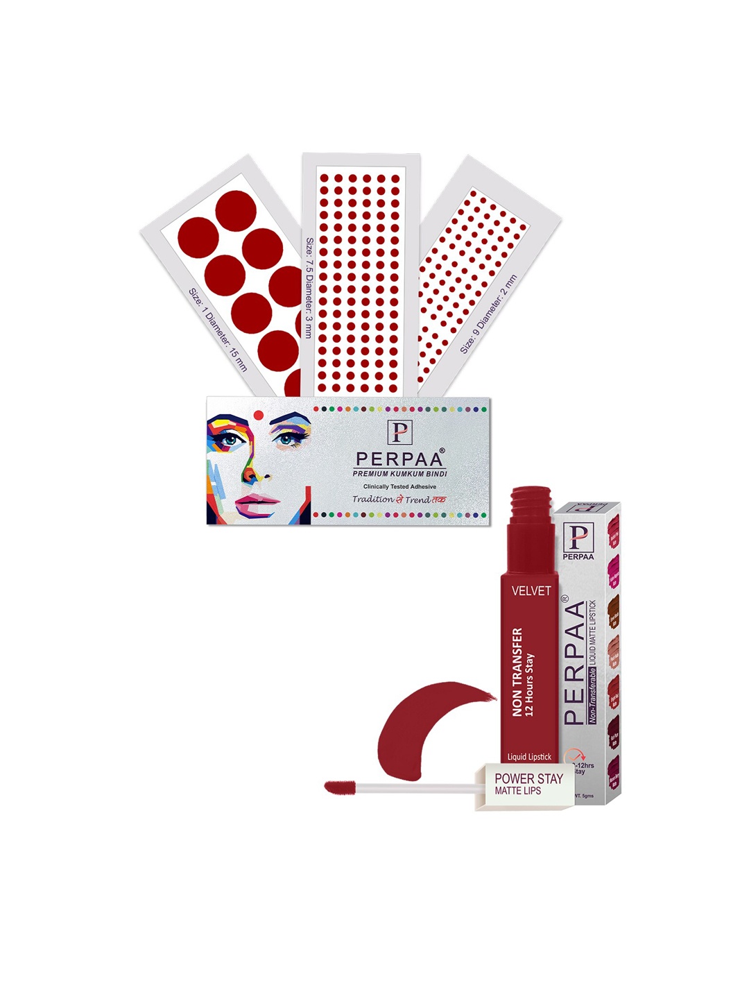 

PERPAA Power Stay Non Transfer Lipstick-22 & Set of 3 Premium Bindis - Size 7.5,01,09, Maroon