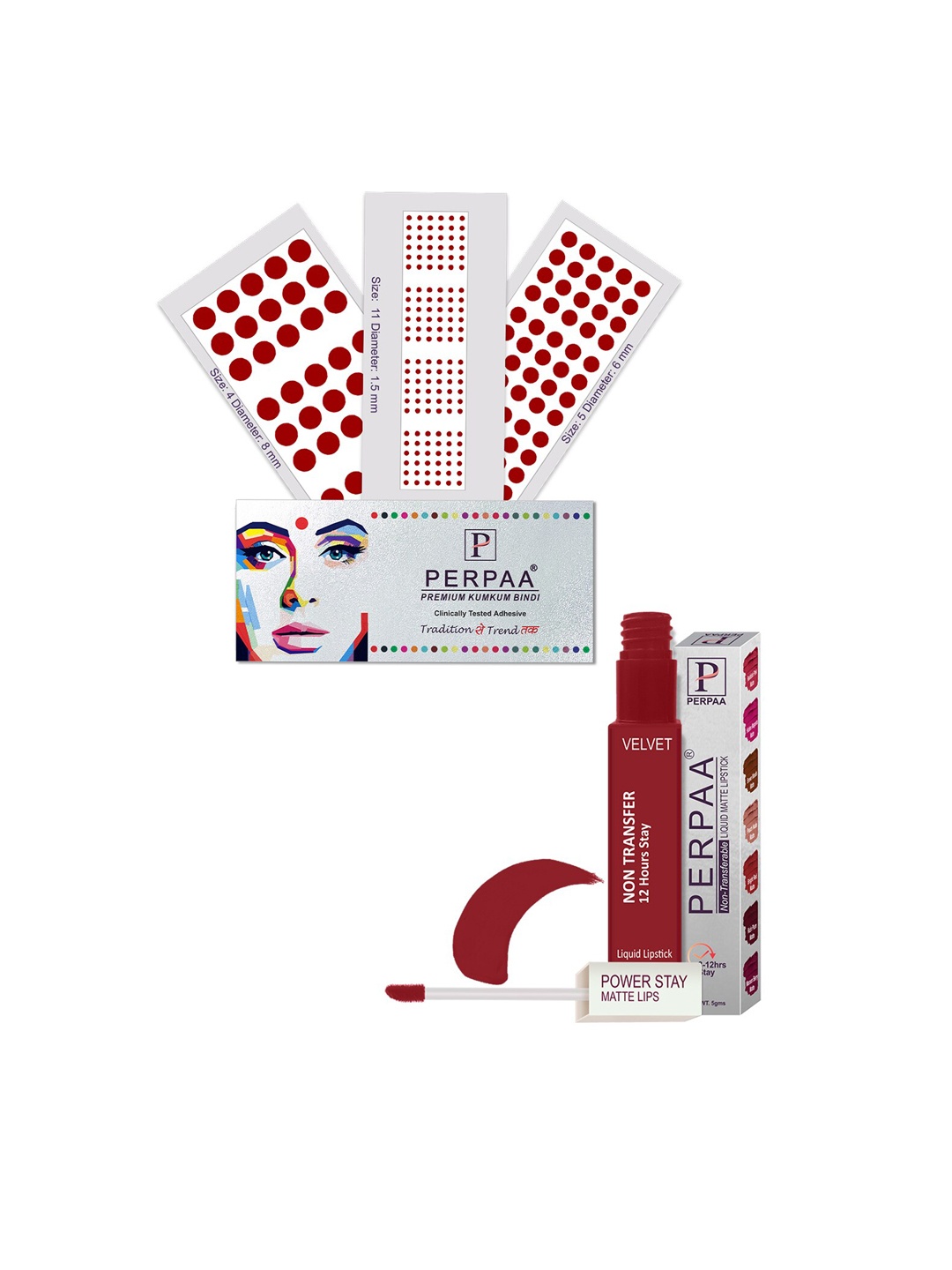 

PERPAA Power Stay Non Transfer Lipstick-22 & Set of 3 Premium Red Bindis-Size 04,05,11