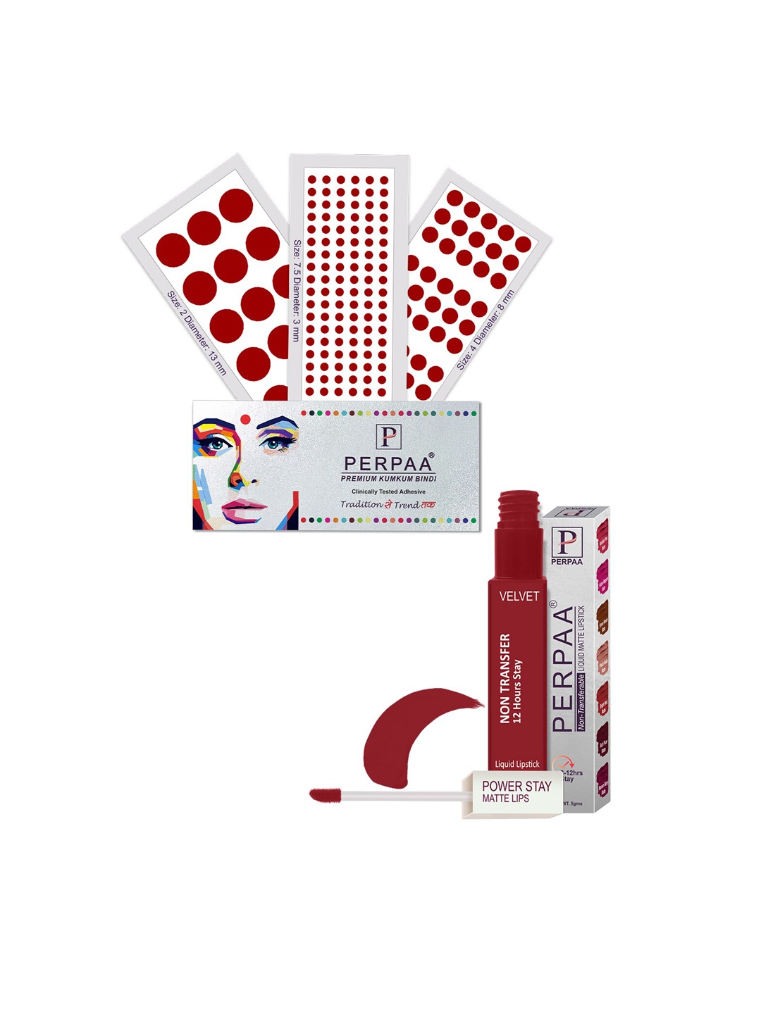 

PERPAA Power Stay Non Transfer Lipstick-22 & Set of 3 Premium Red Bindis-Size 7.5,02,04