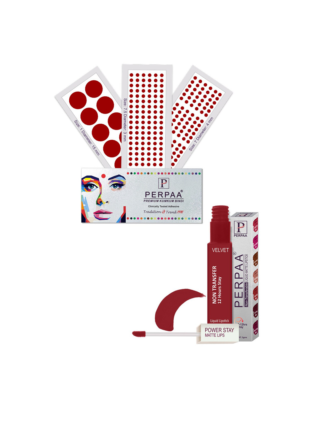 

PERPAA Power Stay Non Transfer Lipstick-22 & Set of 3 Premium Bindis - Size 7.5,01,07, Maroon