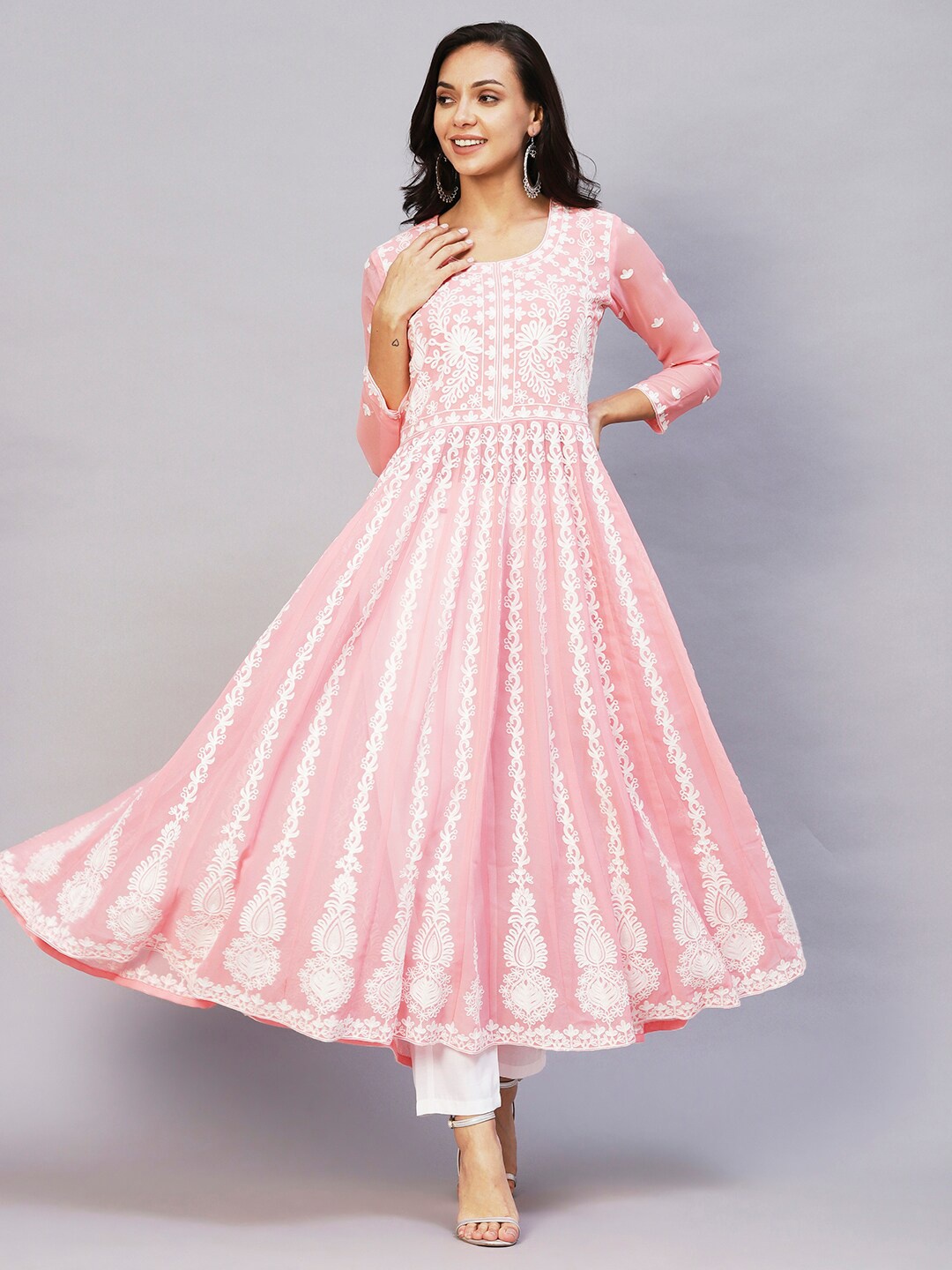 

KALINI Ethnic Motifs Embroidered Chikankari Georgette Anarkali Kurta, Peach