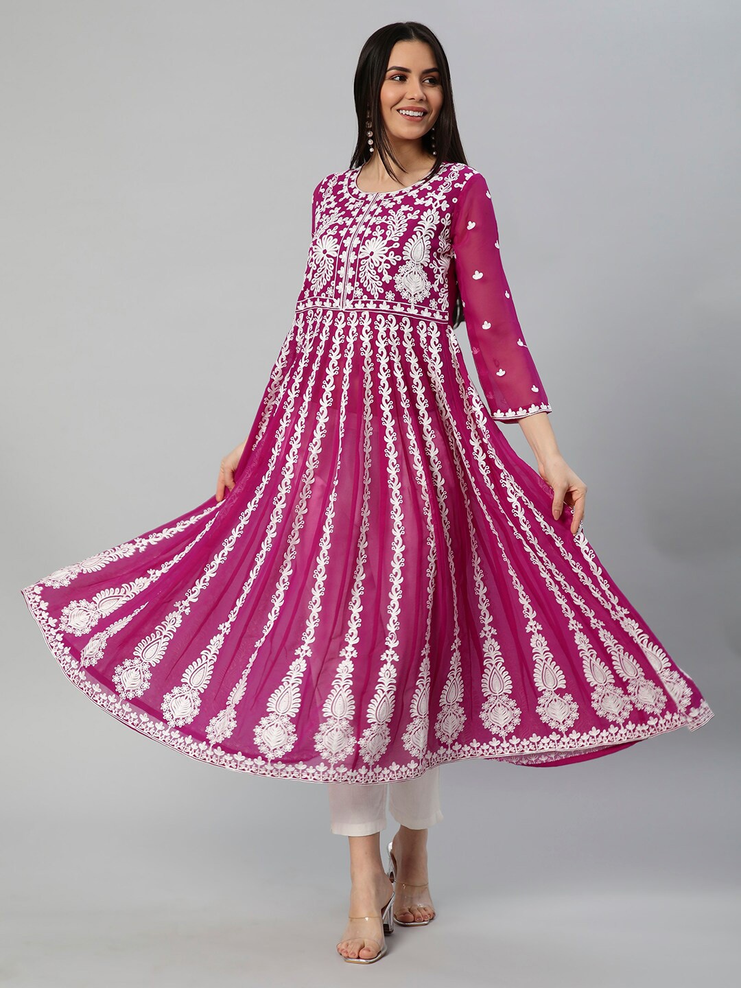 

KALINI Ethnic Motifs Embroidered Chikankari Georgette Anarkali Kurta, Pink