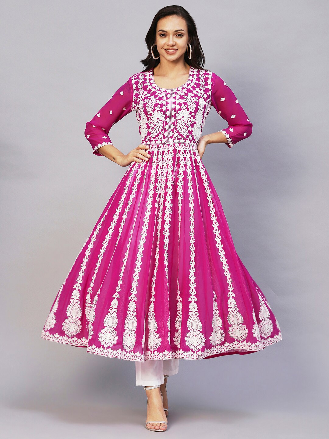 

KALINI Ethnic Motifs Embroidered Chikankari Georgette Anarkali Kurta, Pink