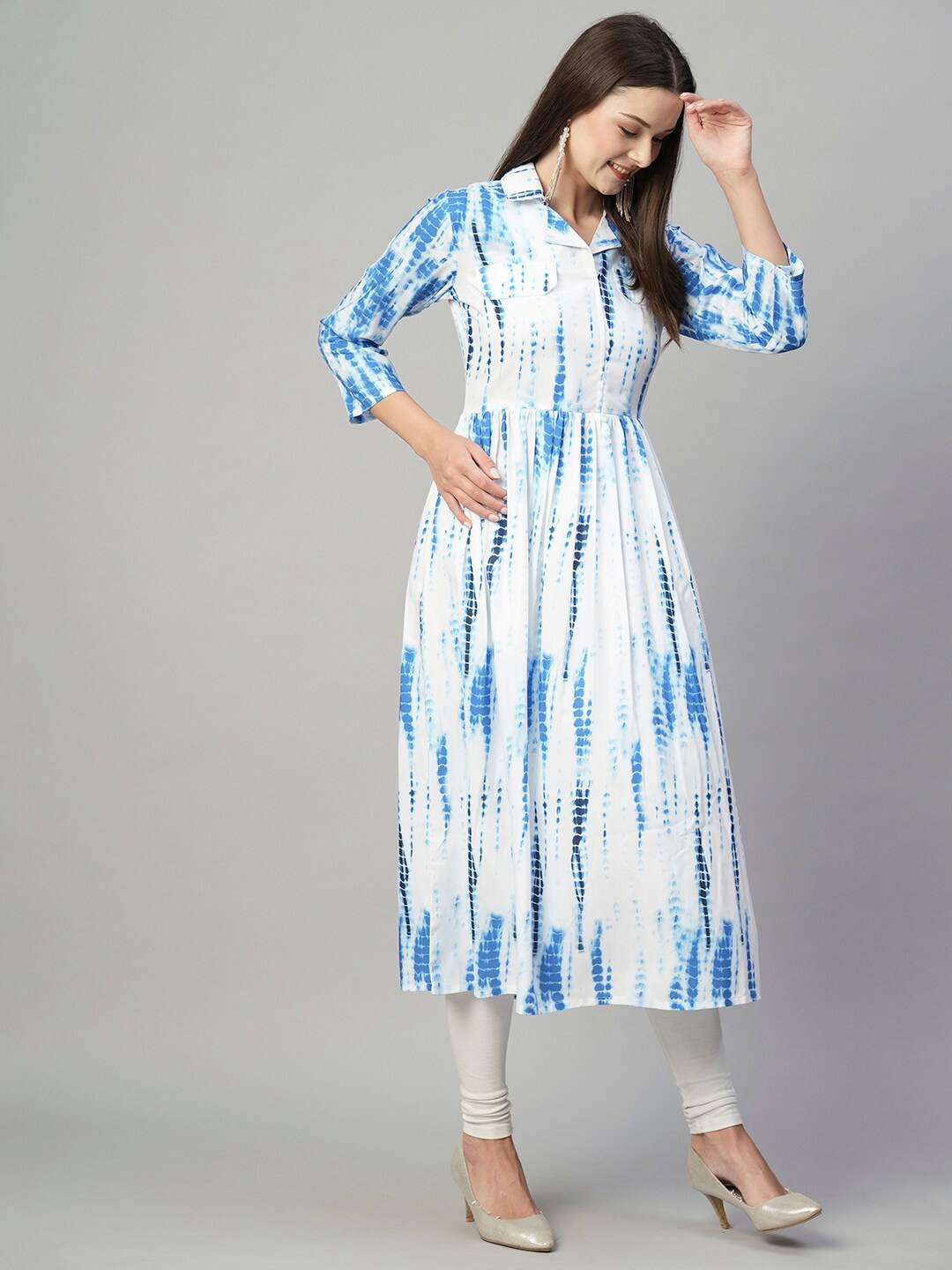 

KALINI Tie And Dye Shirt Collar Anarkali kurta, Blue
