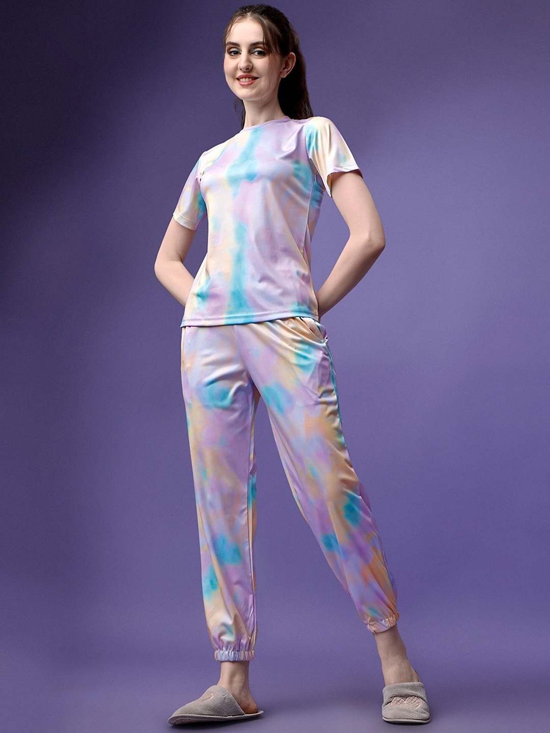 

UDBHAV TEXTILE Lycra Cotton Dyed T-Shirt Joggers Co-Ords, Lavender