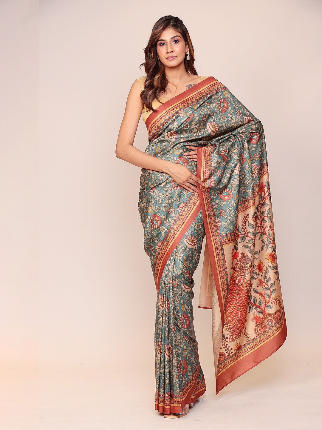 

ZARI Floral Printed Saree, Green