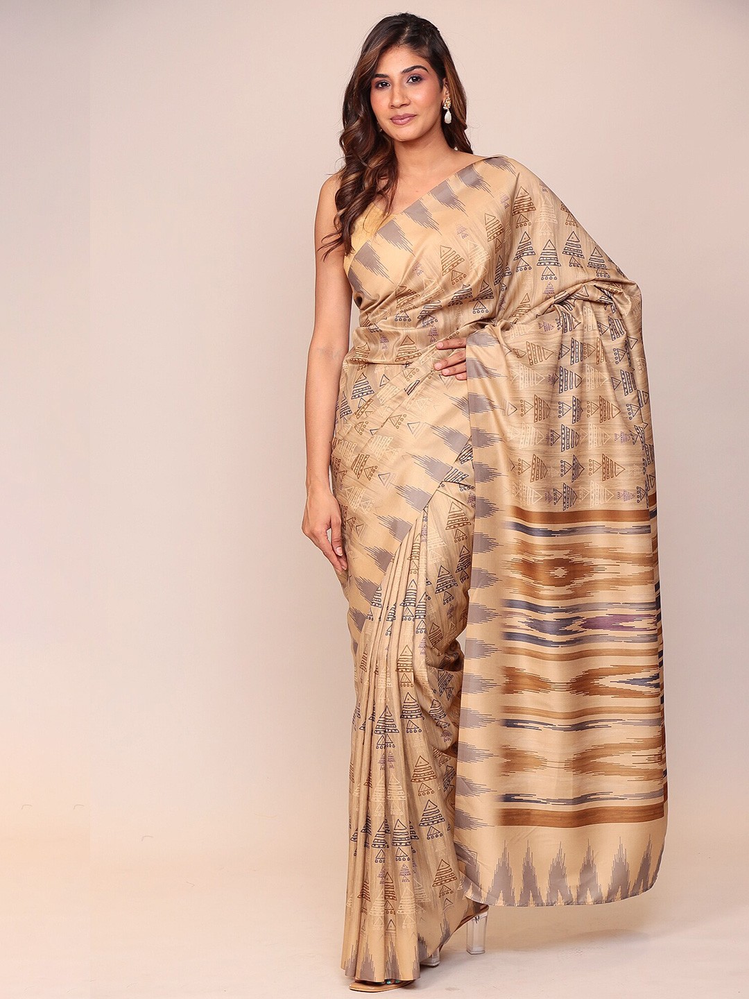 

ZARI Abstract Printed Silk Blend Saree, Cream
